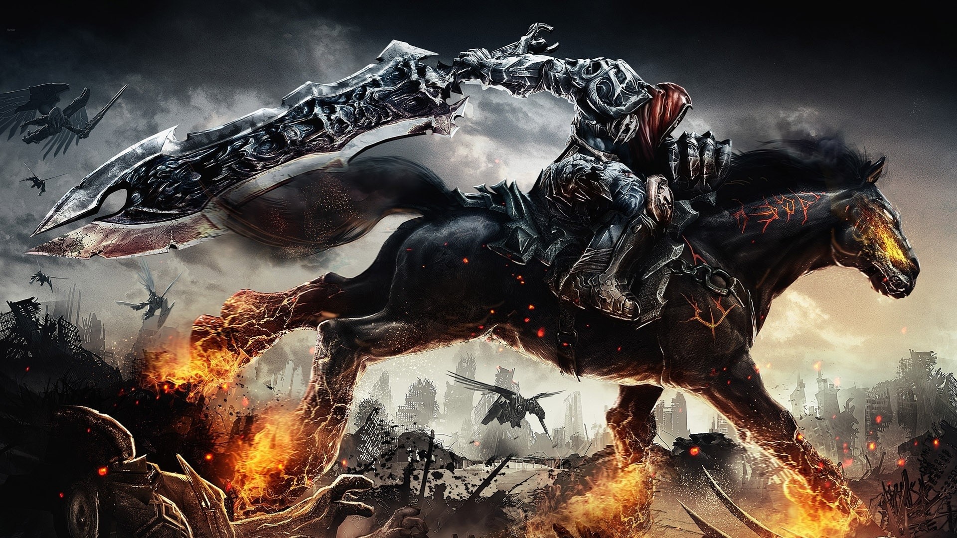 Guerra, Darksiders, Cavaliere dell'Apocalisse, Cavallo infuocato, Spada, Videogioco, wallpaper desktop