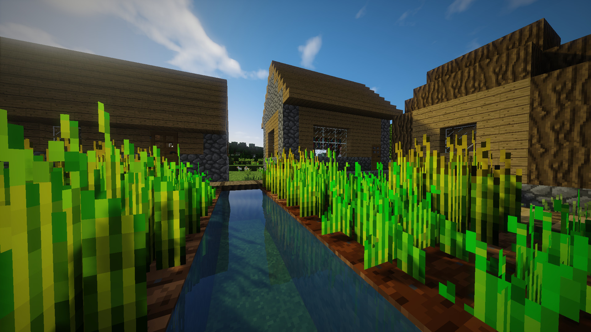 Minecraft, Villaggio, Campi di grano, Shader, 1920x1080, immagine di sfondo