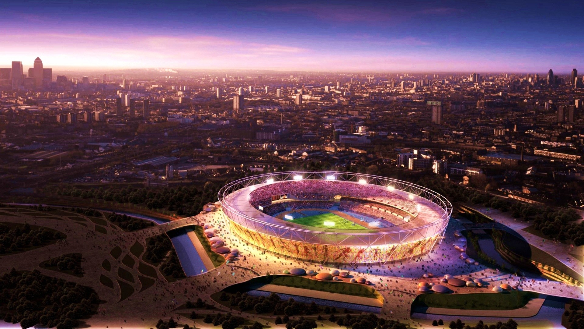 Stadio Olimpico di Londra, Londra, Olimpiadi 2012, Vista aerea, Tramonto, sfondo PC