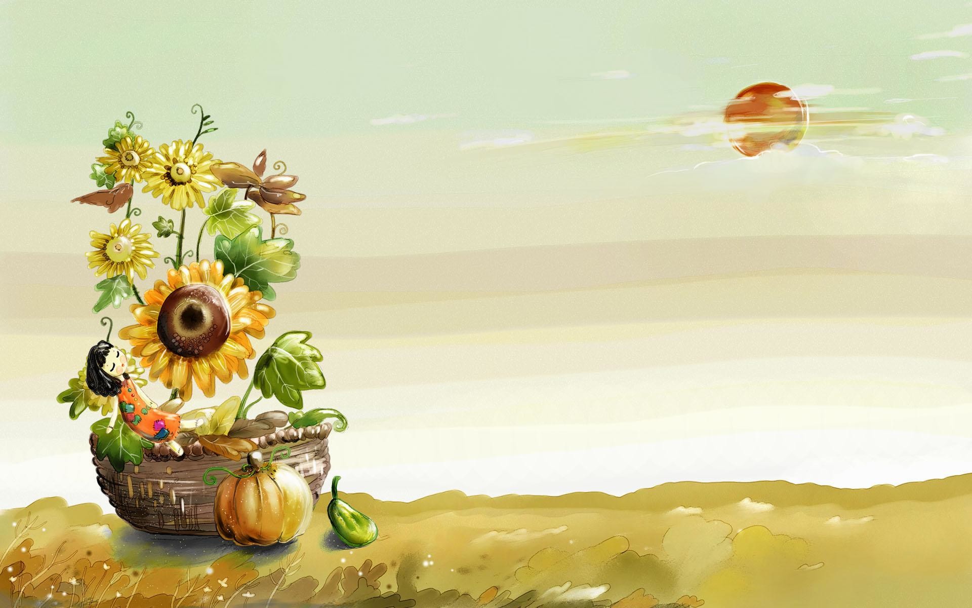 Girasoli, Zucche, Illustrazione, Campo, 16:10 Full HD, sfondo widescreen