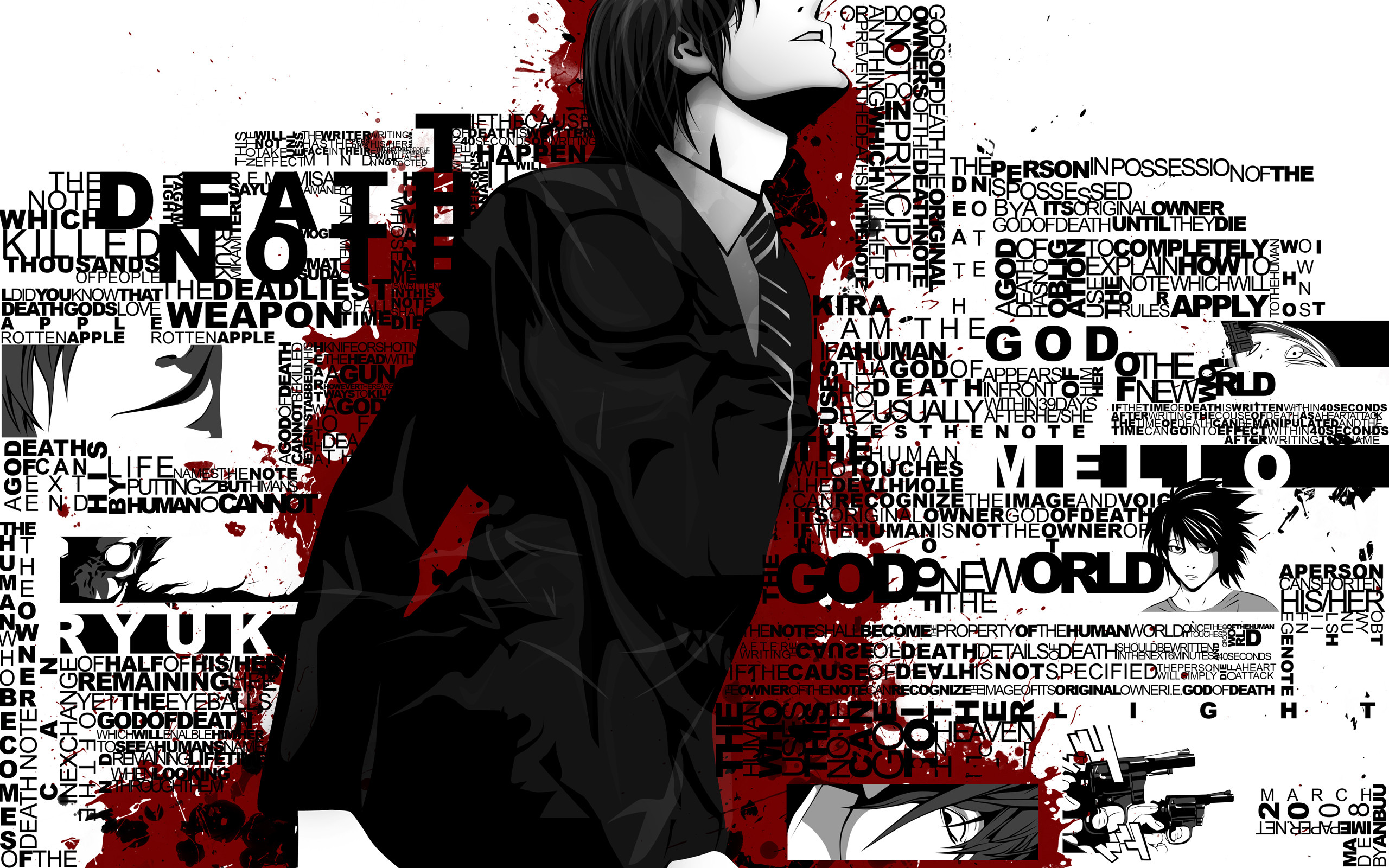 Light Yagami, Death Note, Tipografia, Ryuk, Rosso e nero, 2K, sfondo Windows 11