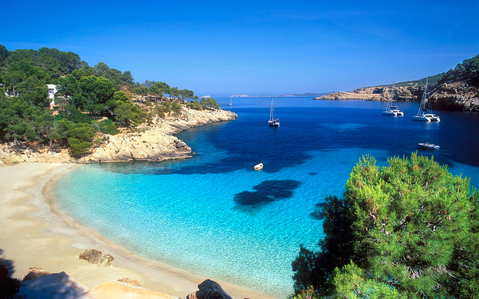 Cala Saladeta, Ibiza, Spiaggia, Mare turchese, Pini, Barche, Full HD, sfondo per portatile