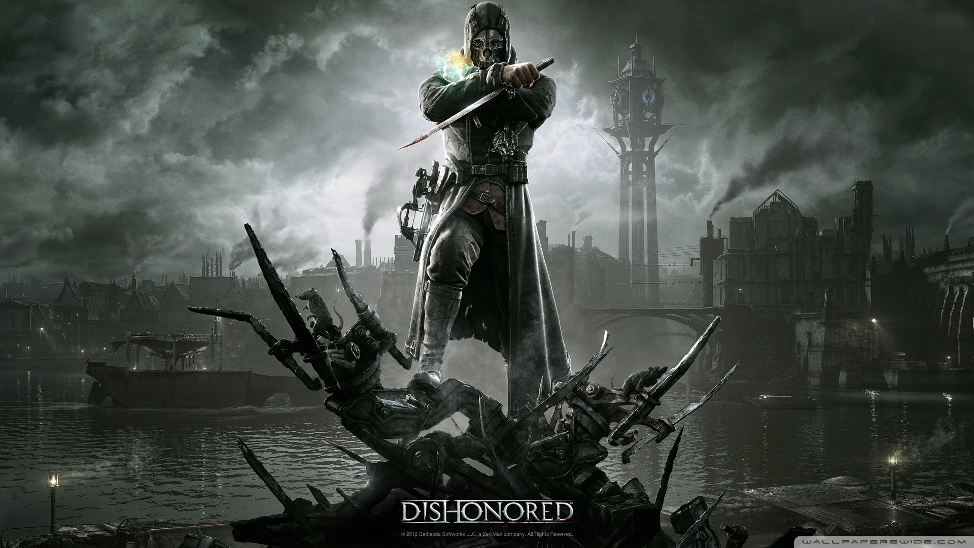 Corvo Attano, Dishonored, Dunwall, Logo, 16:9 Full HD, sfondo widescreen