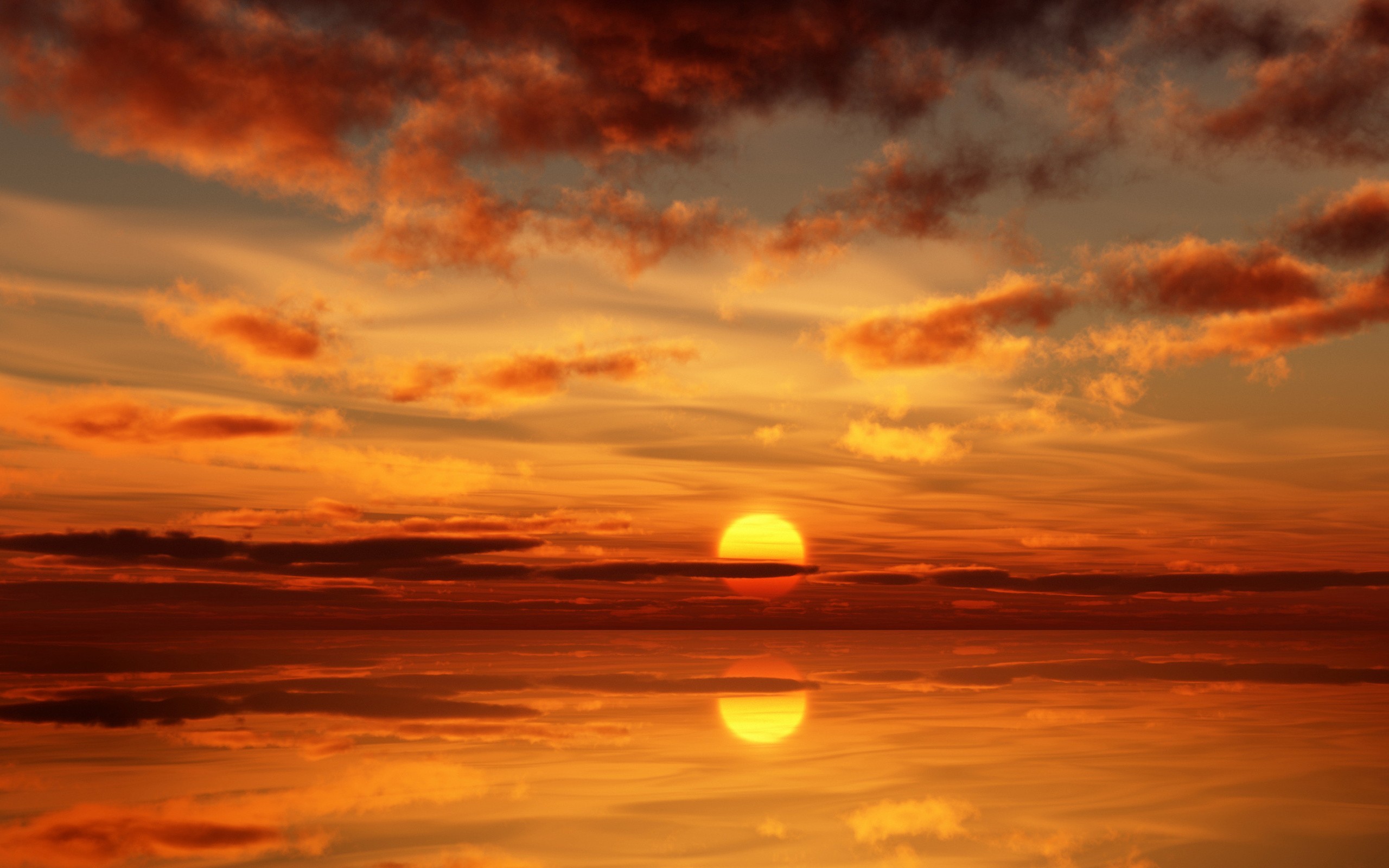 Tramonto sul mare, Nuvole, Sole, Arancione, 2K, sfondo per portatile