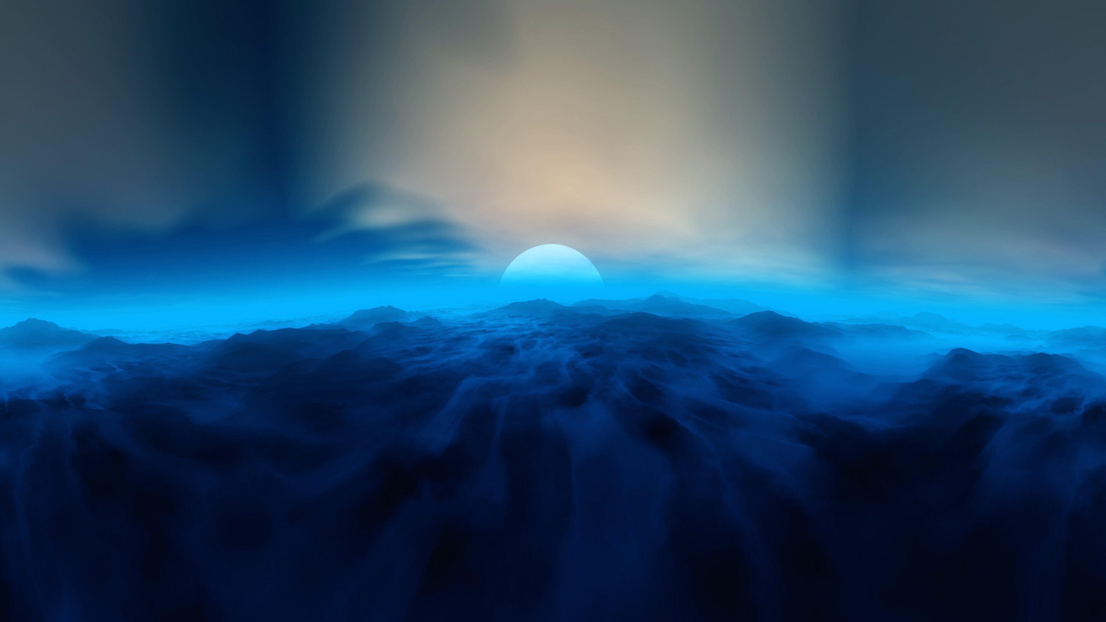 Astratto, Paesaggio surreale, Nuvole, Blu, Alba, 4K 2160p, sfondo desktop