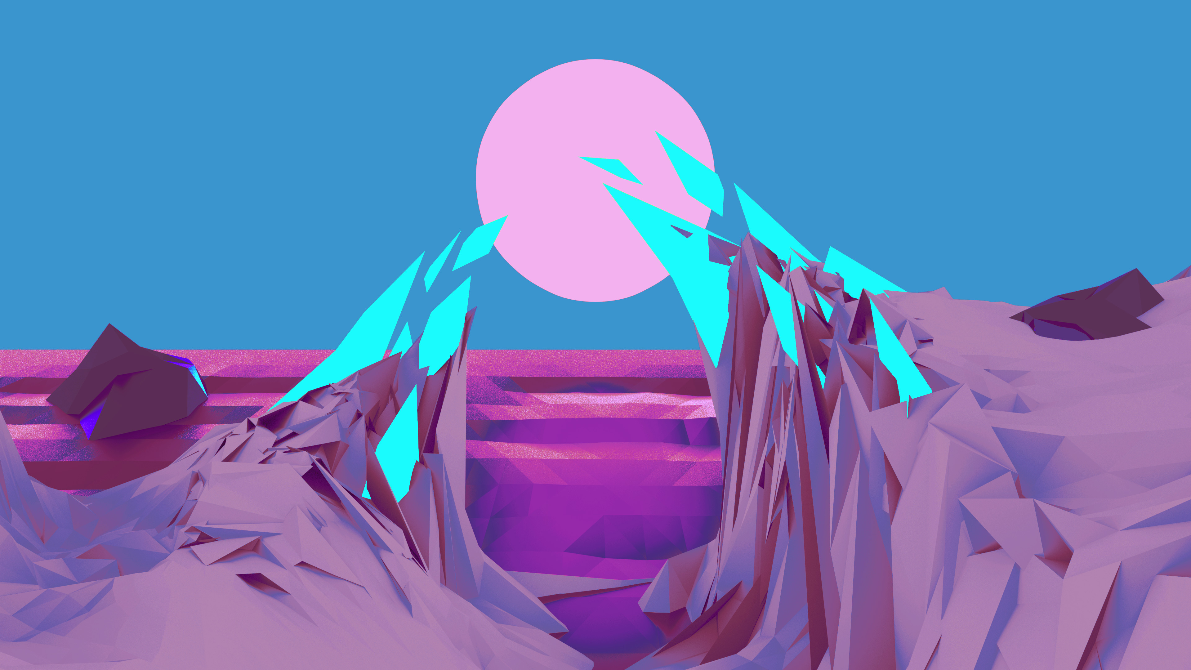 Low poly, Sole, Cristalli, Vaporwave, 4K, sfondo per PC