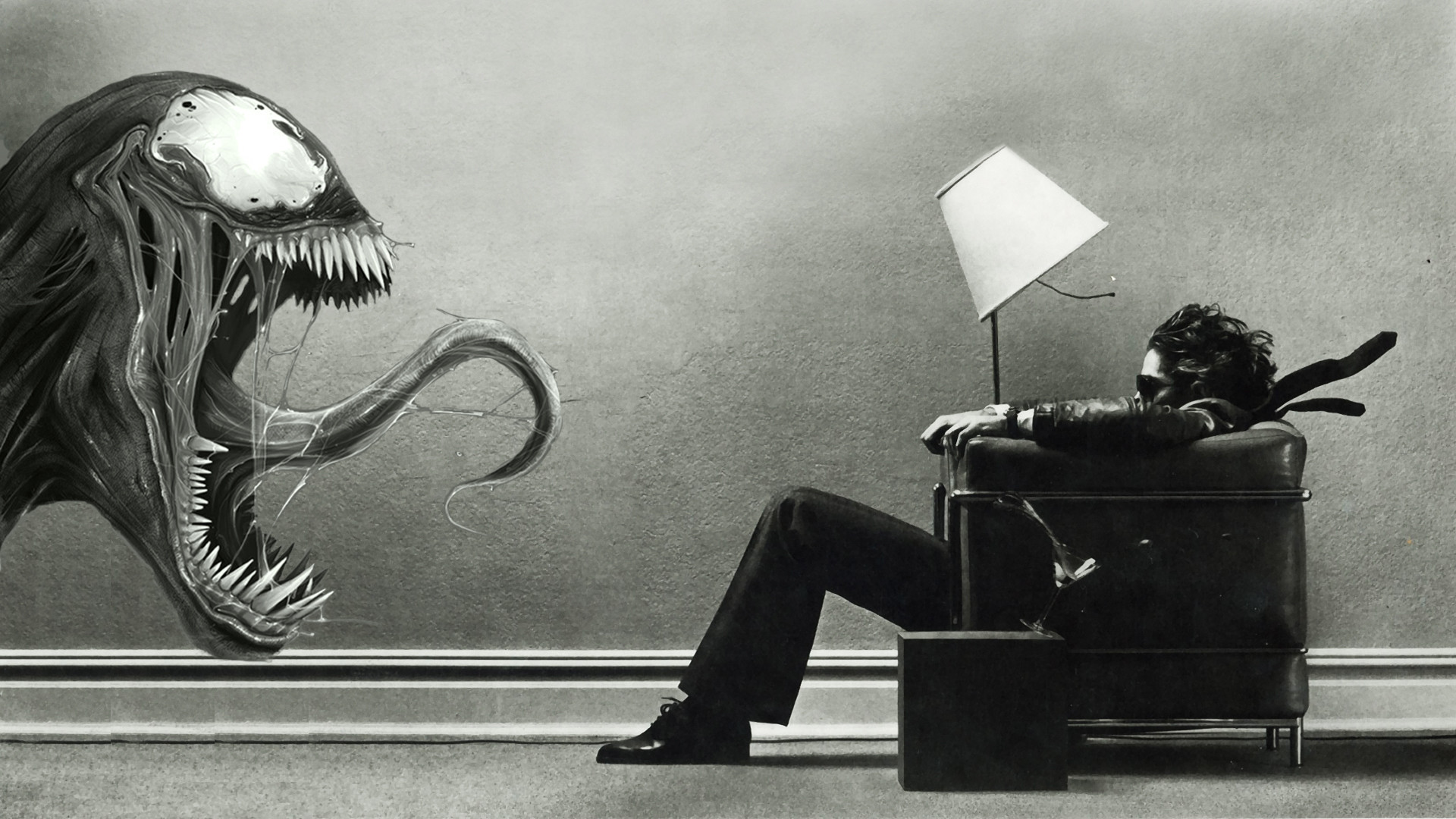 Venom, Maxell parodia, Poltrona, Bianco e nero, 1920x1080, sfondo per PC