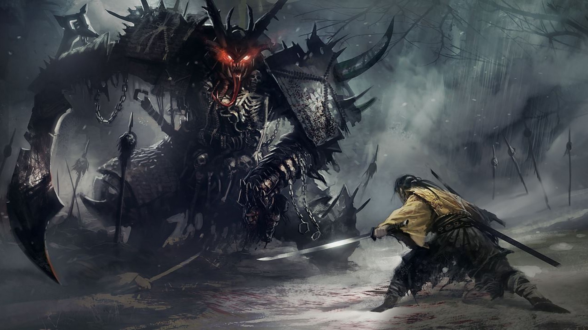 Samurai contro demone, Fantasy, Battaglia, Arte digitale, Full HD, sfondo per PC