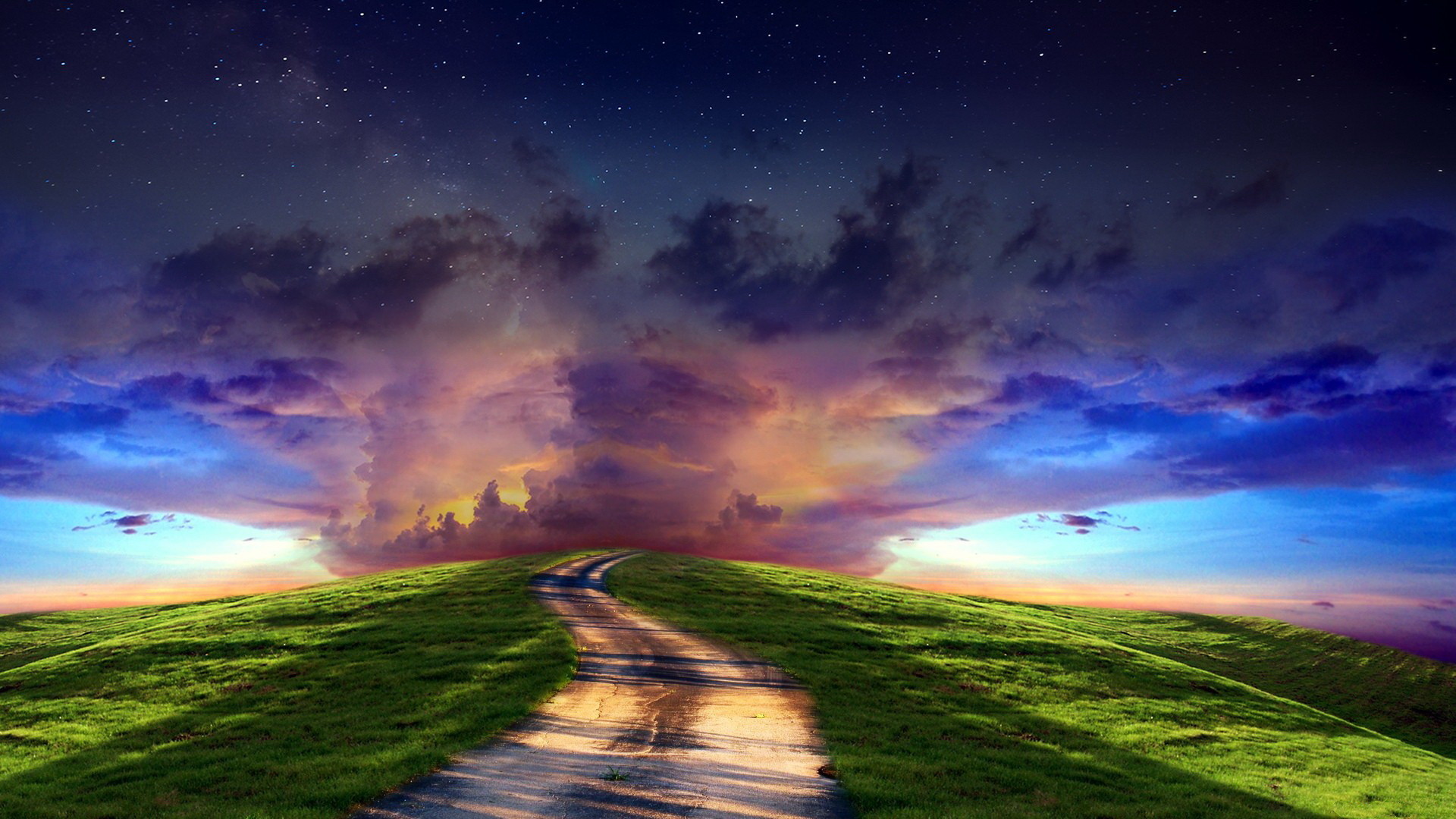 Sentiero, Prato verde, Cielo drammatico, Tramonto, Full HD 1080p, sfondo desktop