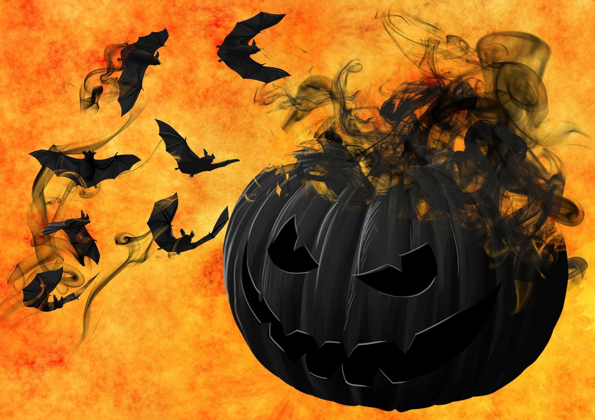 Zucca nera, Pipistrelli, Fumo, Arancione, Full HD, sfondo per PC