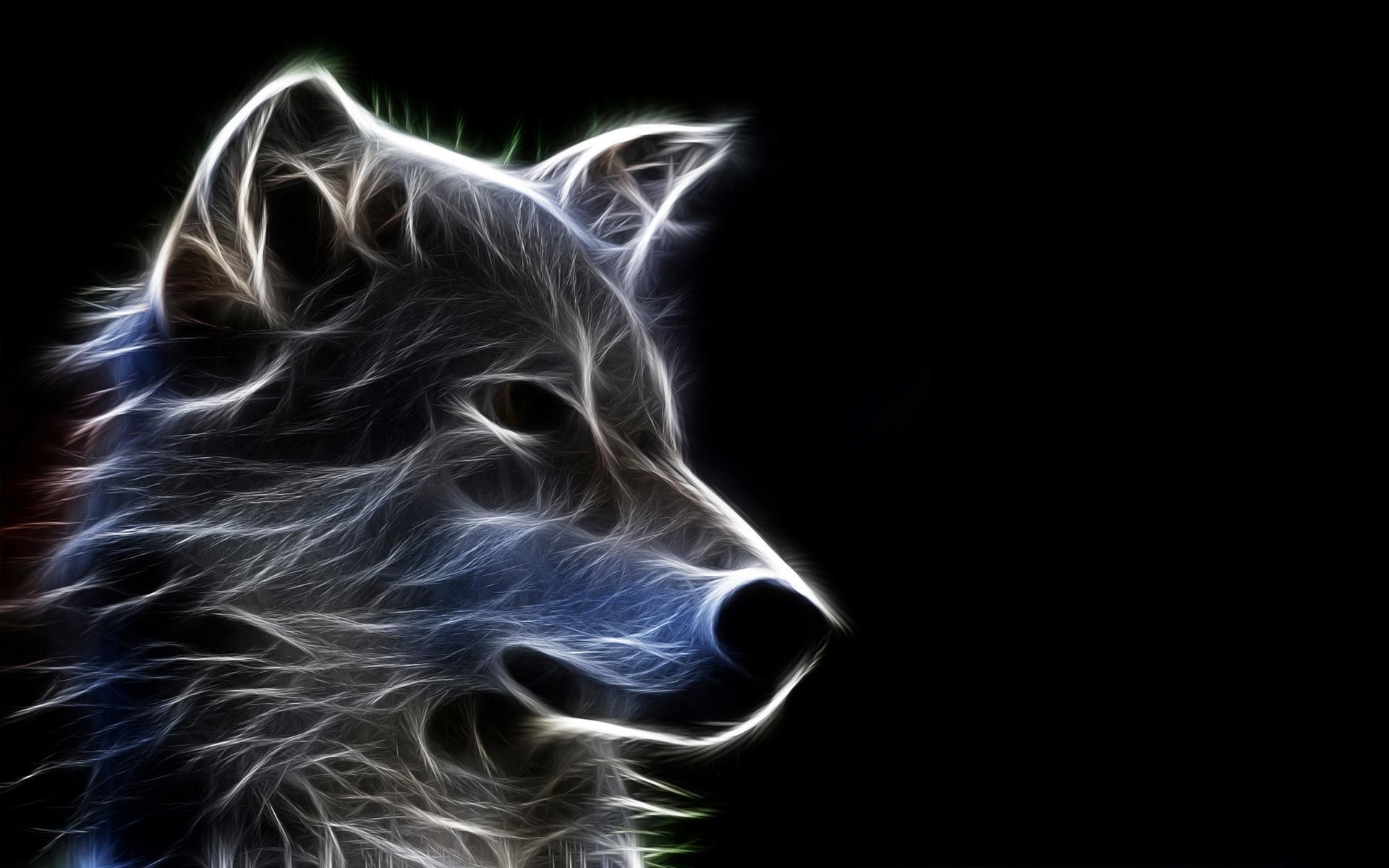 Lupo, Effetto frattale, Sfondo nero, Arte digitale, Full HD, wallpaper desktop