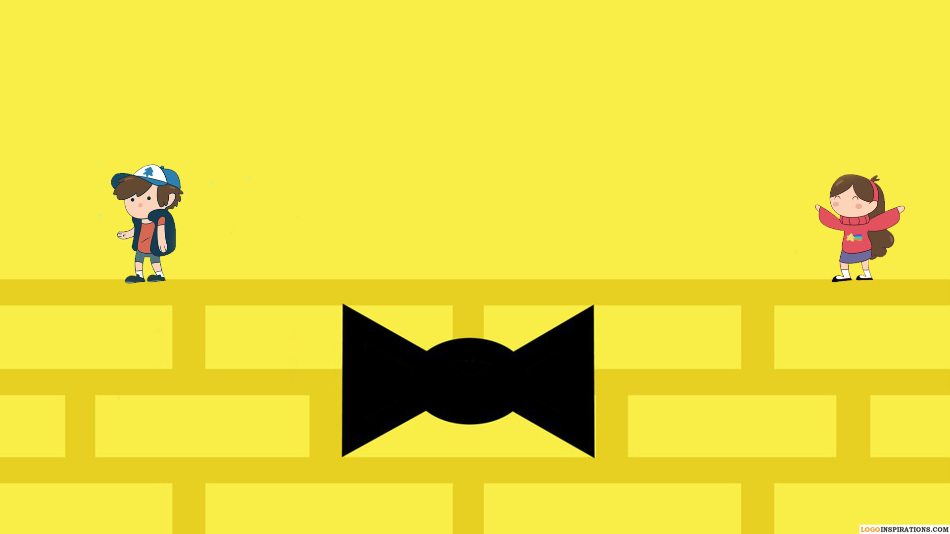 Dipper Pines, Mabel Pines, Bill Cipher, Gravity Falls, Sfondo giallo, Minimalista, wallpaper Full HD