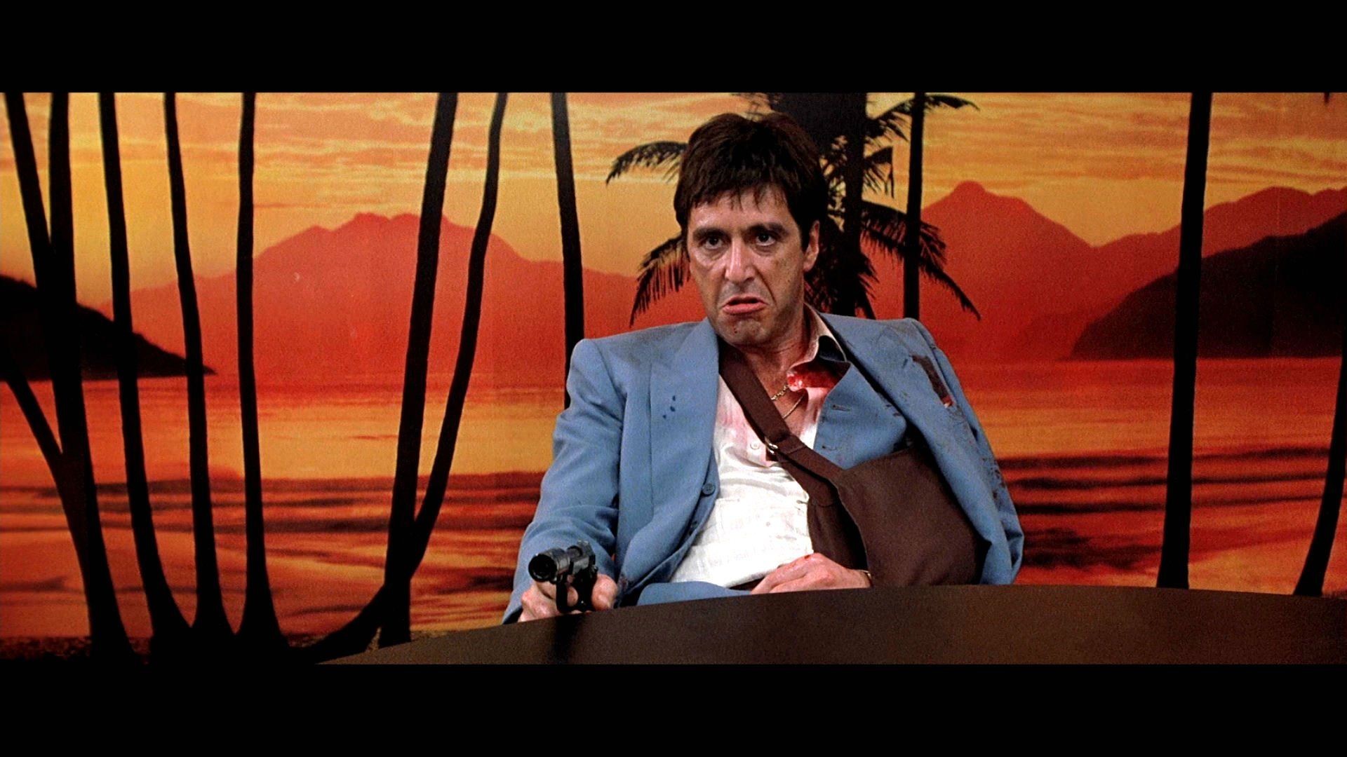 Tony Montana, Al Pacino, Scarface, Tramonto, Palme, Giacca azzurra, sfondo 1920x1080 per PC