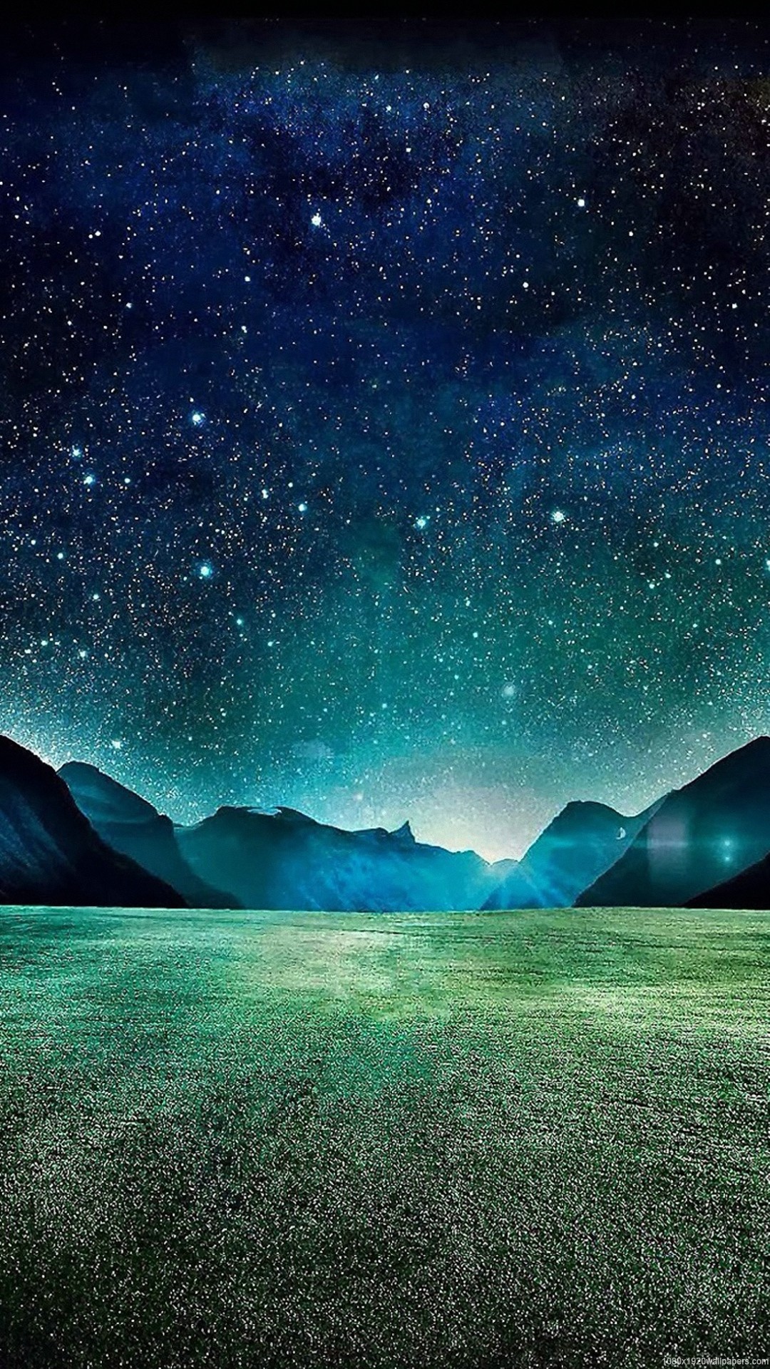 Cielo stellato, Montagne, Prato, Notte, sfondo per il tuo smartphone