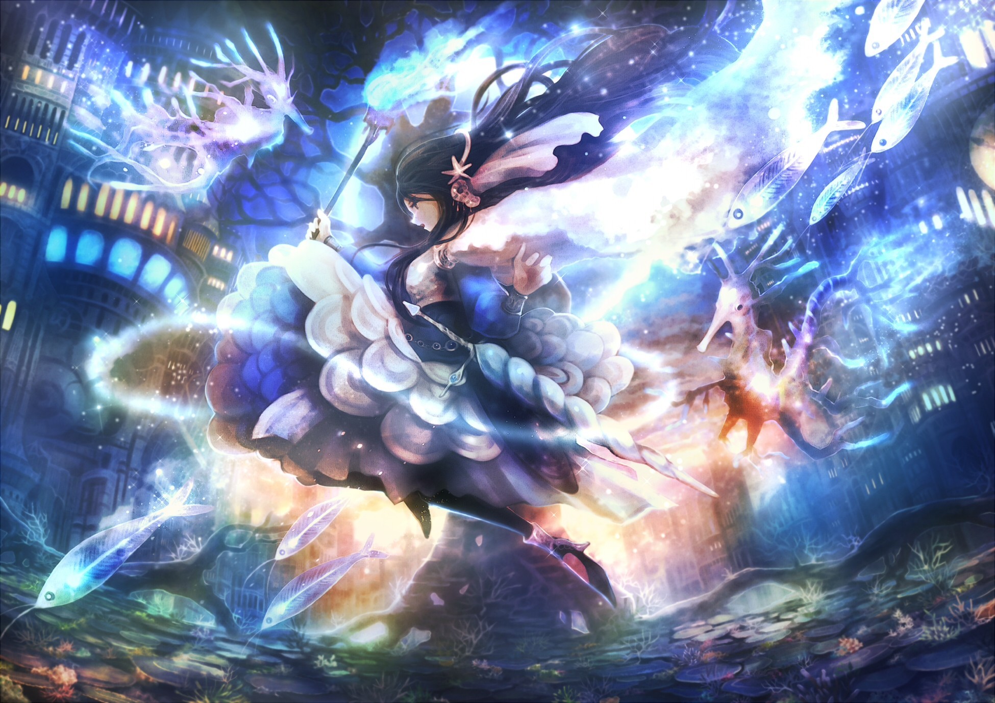 Ragazza anime, Magia, Luci blu, Fantasy, Full HD, sfondo per portatile