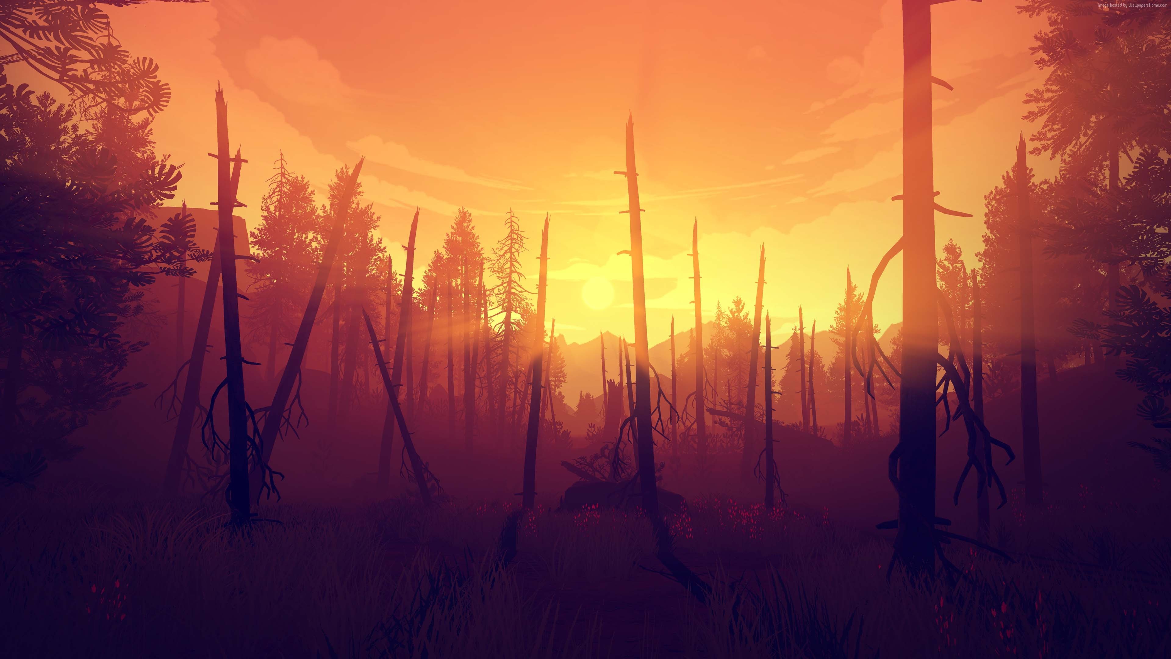 Firewatch, Alberi bruciati, Tramonto, Arancione, 4K, wallpaper per portatile