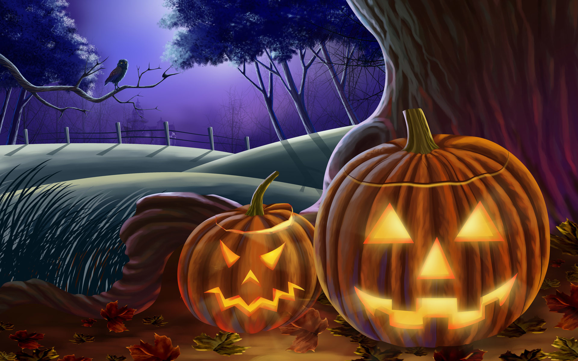 Jack-o'-lantern, Albero, Luna, Colline, Illustrazione, 1920x1200, sfondo MacBook Pro