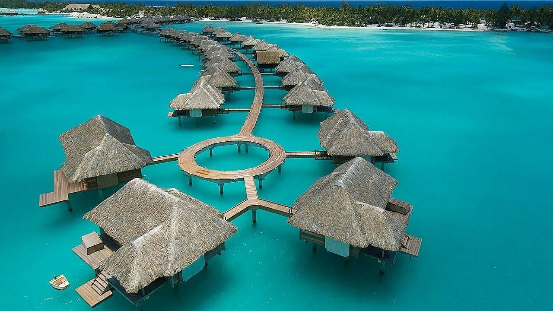 Bora Bora, Bungalow sull'acqua, Vista aerea, Laguna turchese, 16:9 Full HD, sfondo widescreen