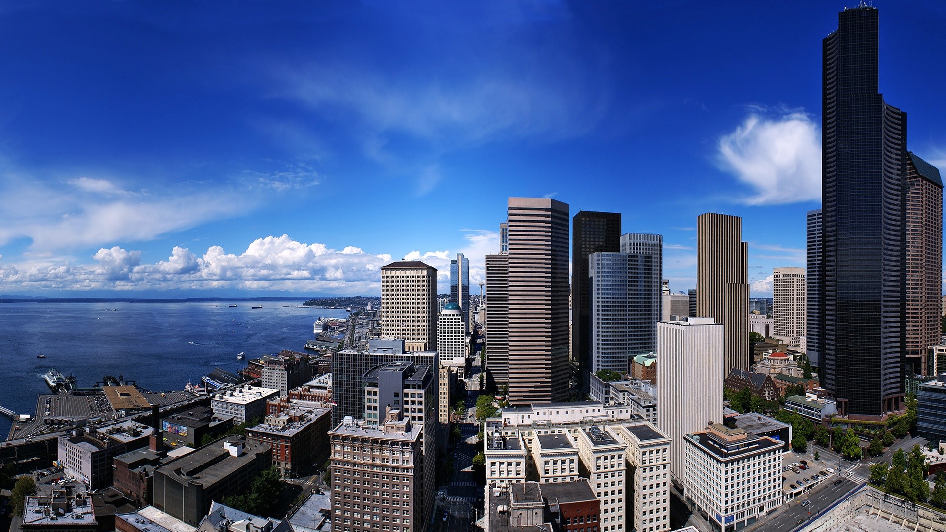 Seattle, Columbia Center, Grattacieli, Cielo blu, Vista aerea, 1920x1080, immagine di sfondo