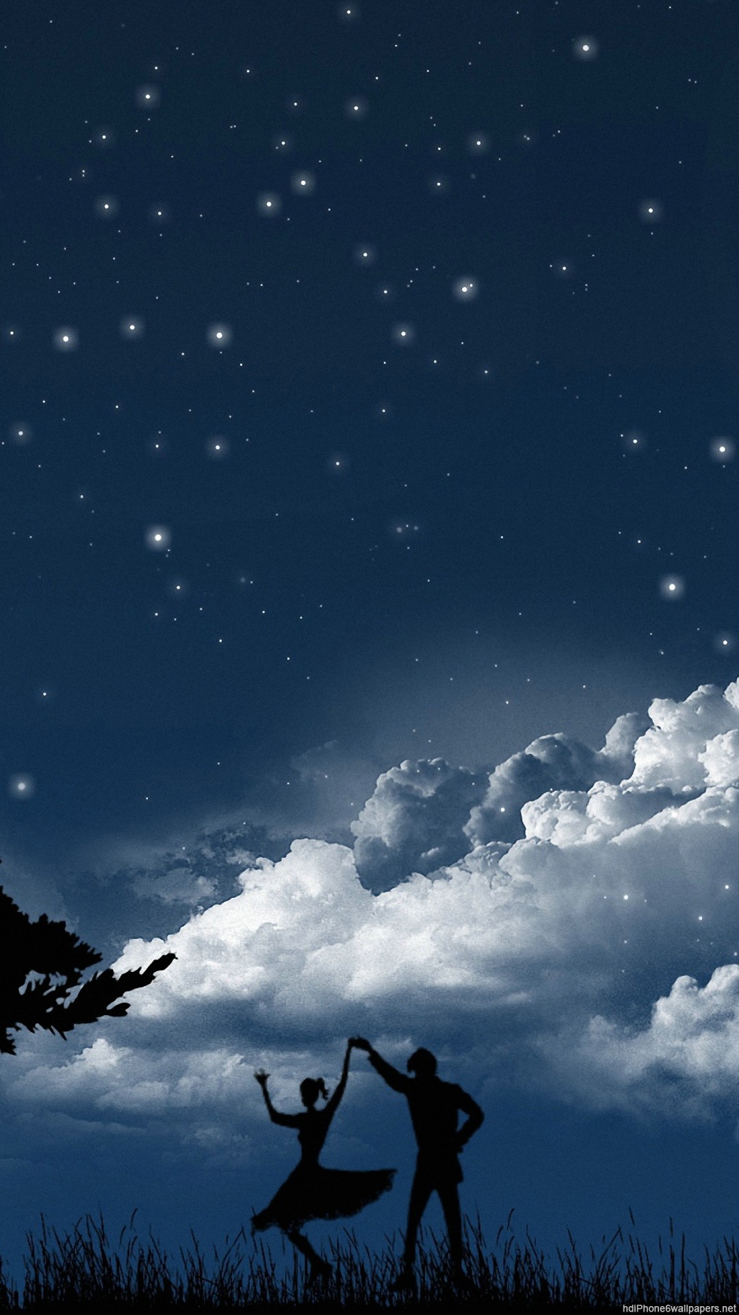 Coppia che balla, Silhouette, Nuvole, Notte stellata, immagine di sfondo iPhone 6