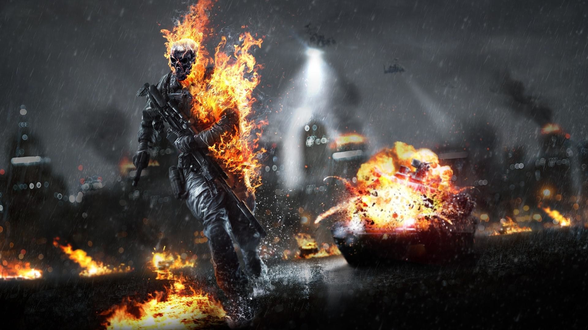 Battlefield 4, Soldato in fiamme, Esplosione, Notte, Fuoco, 16:9 Full HD, sfondo widescreen
