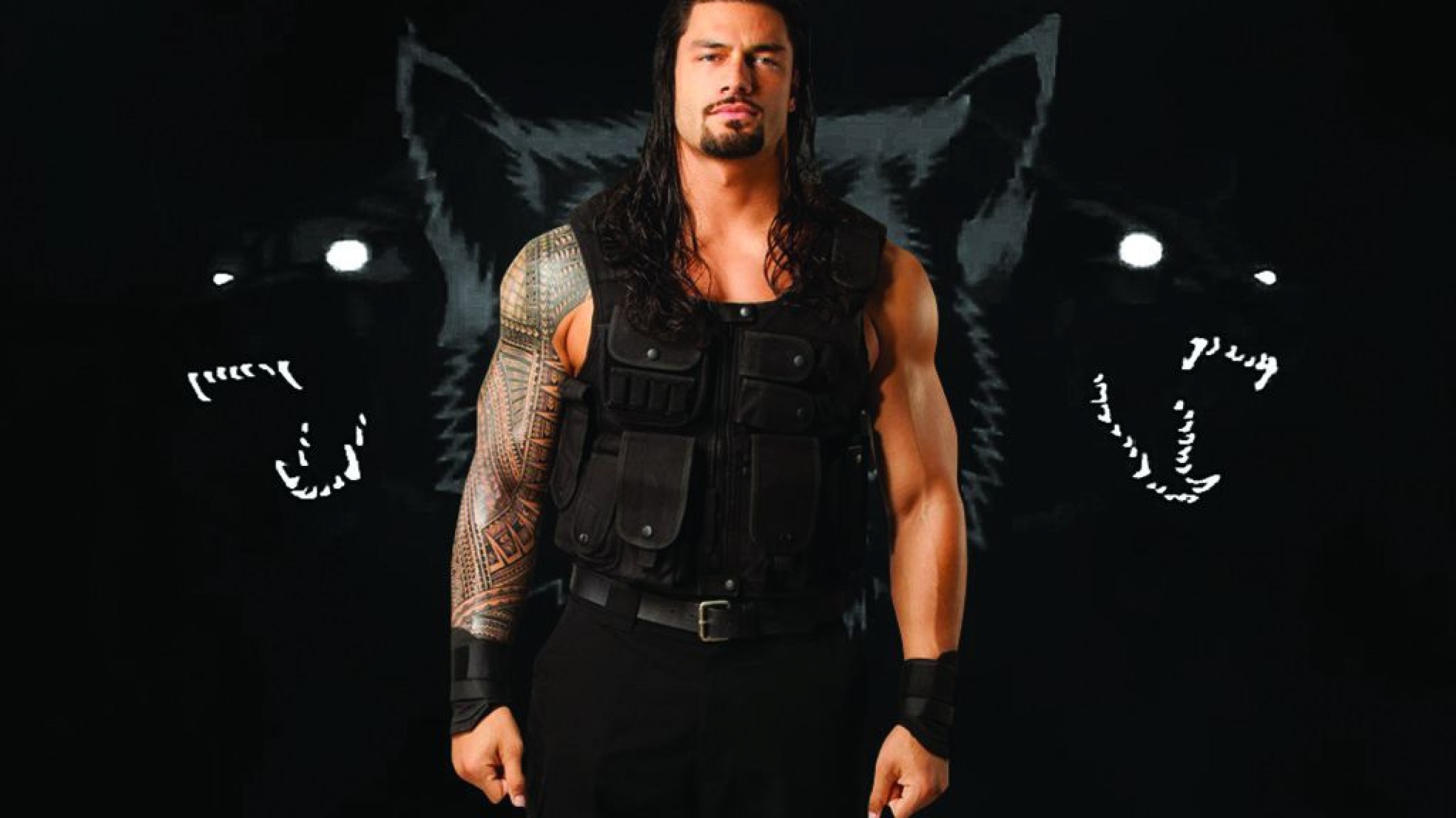 Roman Reigns, WWE, Lupi, Sfondo nero, 2560x1440, wallpaper desktop