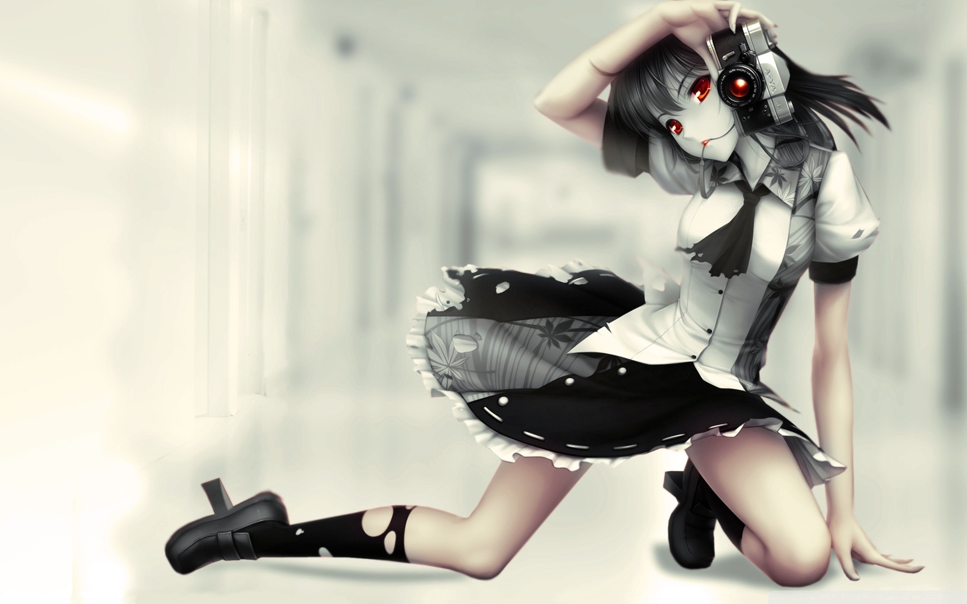 Ragazza anime, Cuffie, Corridoio, Bianco e nero, 1920x1200, sfondo MacBook Pro