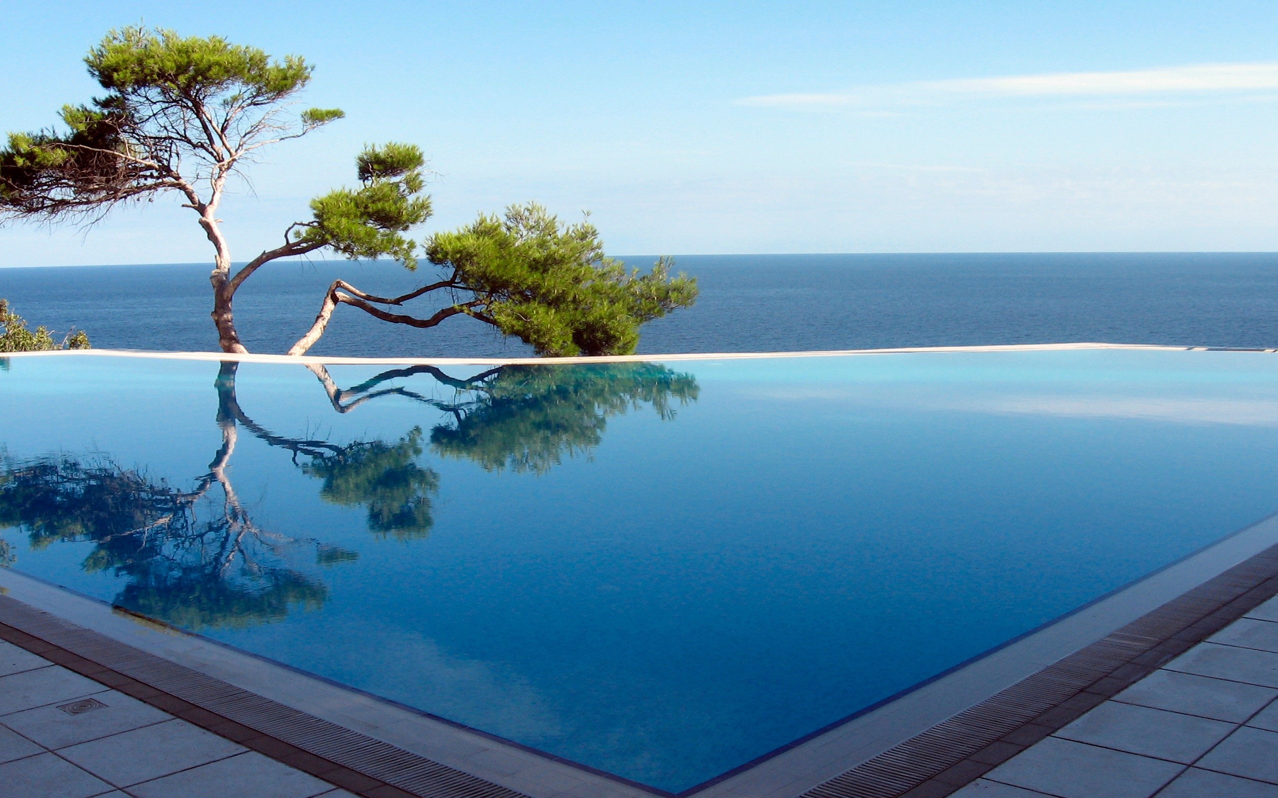 Piscina a sfioro, Albero, Mare, Riflesso, sfondo 2K per desktop