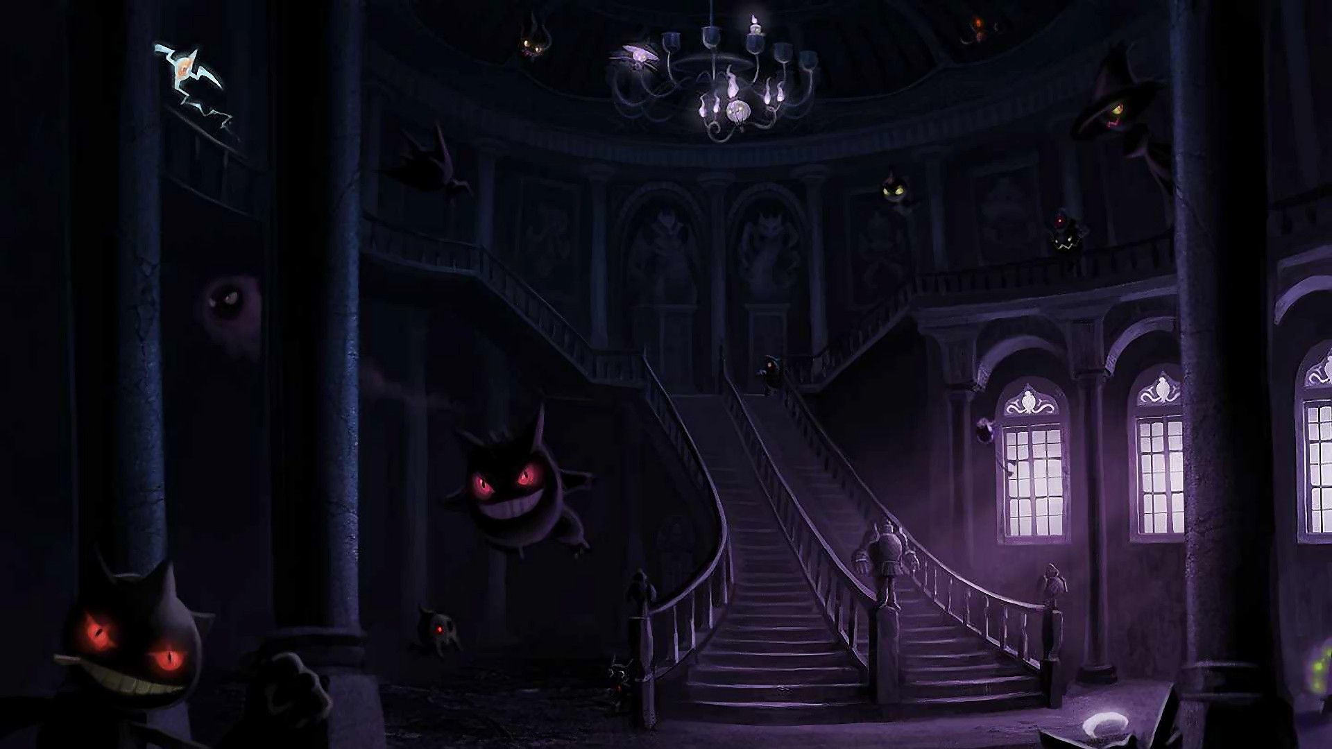 Gengar, Pokémon, Villa infestata, Scalinata, Dark, 16:9 Full HD, sfondo widescreen