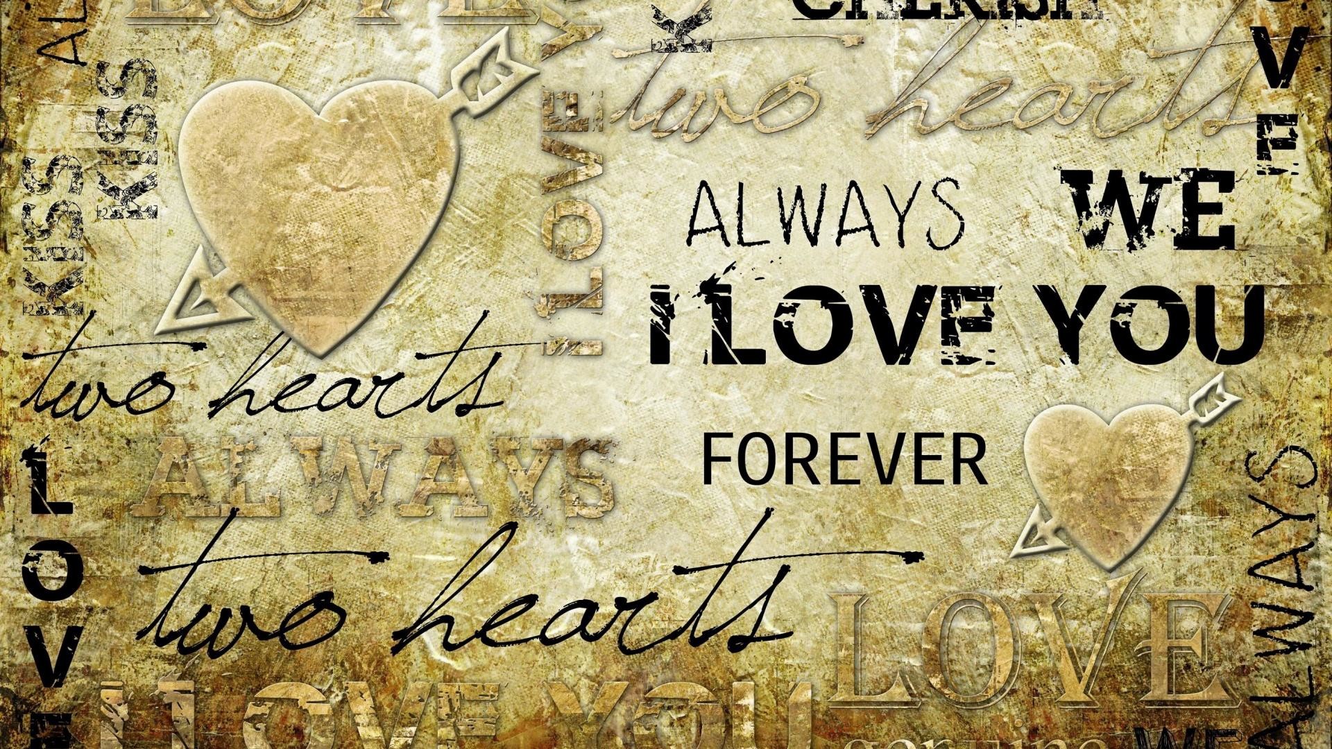 I Love You, Cuori, Tipografia, Carta invecchiata, Amore, Full HD, sfondo desktop