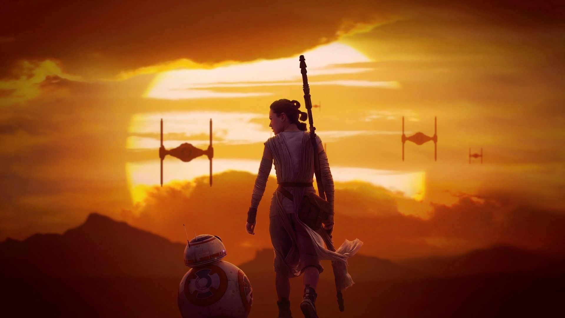Rey, BB-8, Star Wars: Il risveglio della Forza, TIE fighter, Tramonto, sfondo Full HD per PC