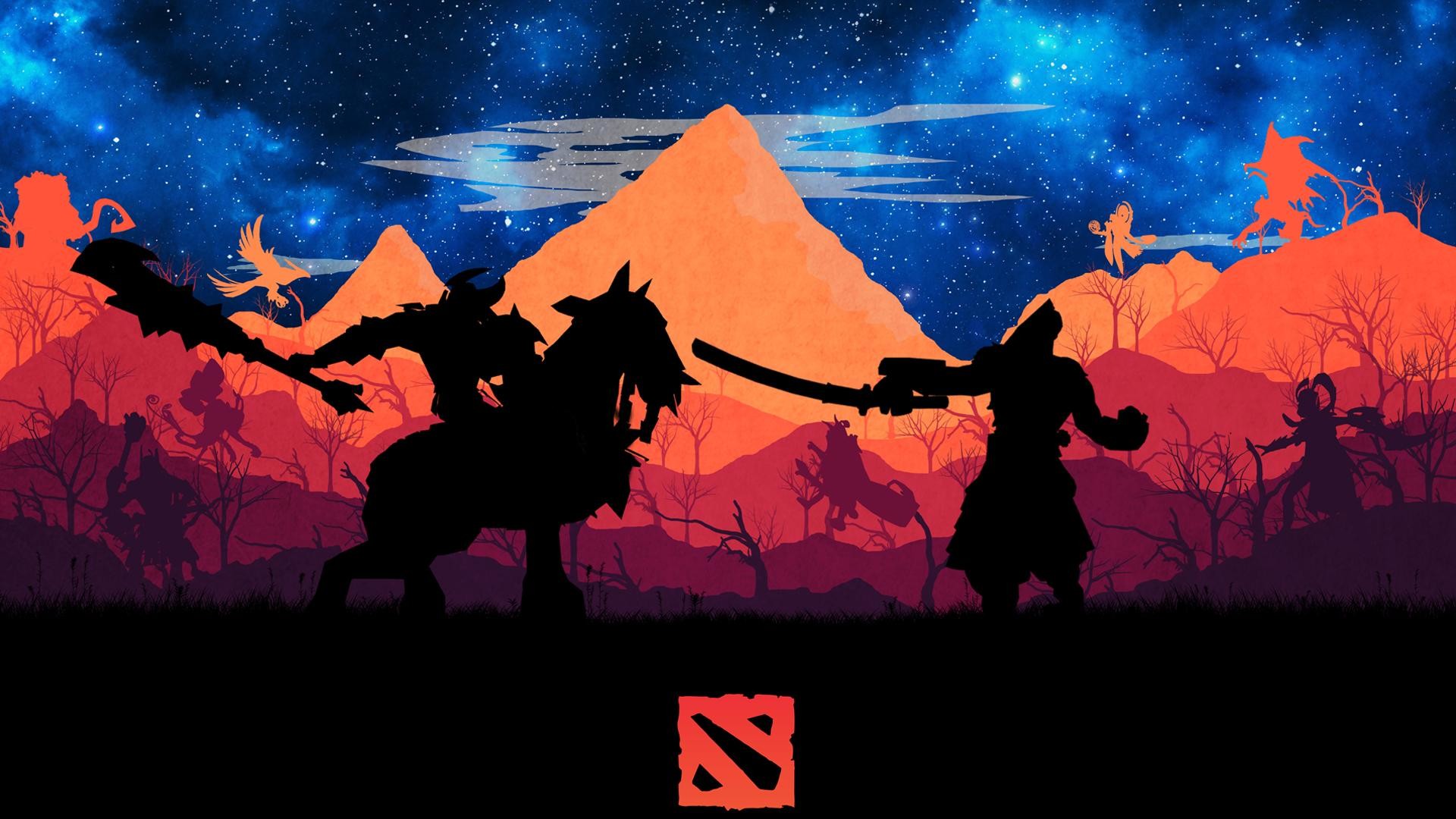 Dota 2, Silhouette, Montagne, Tramonto, Eroi, 1920x1080, wallpaper desktop