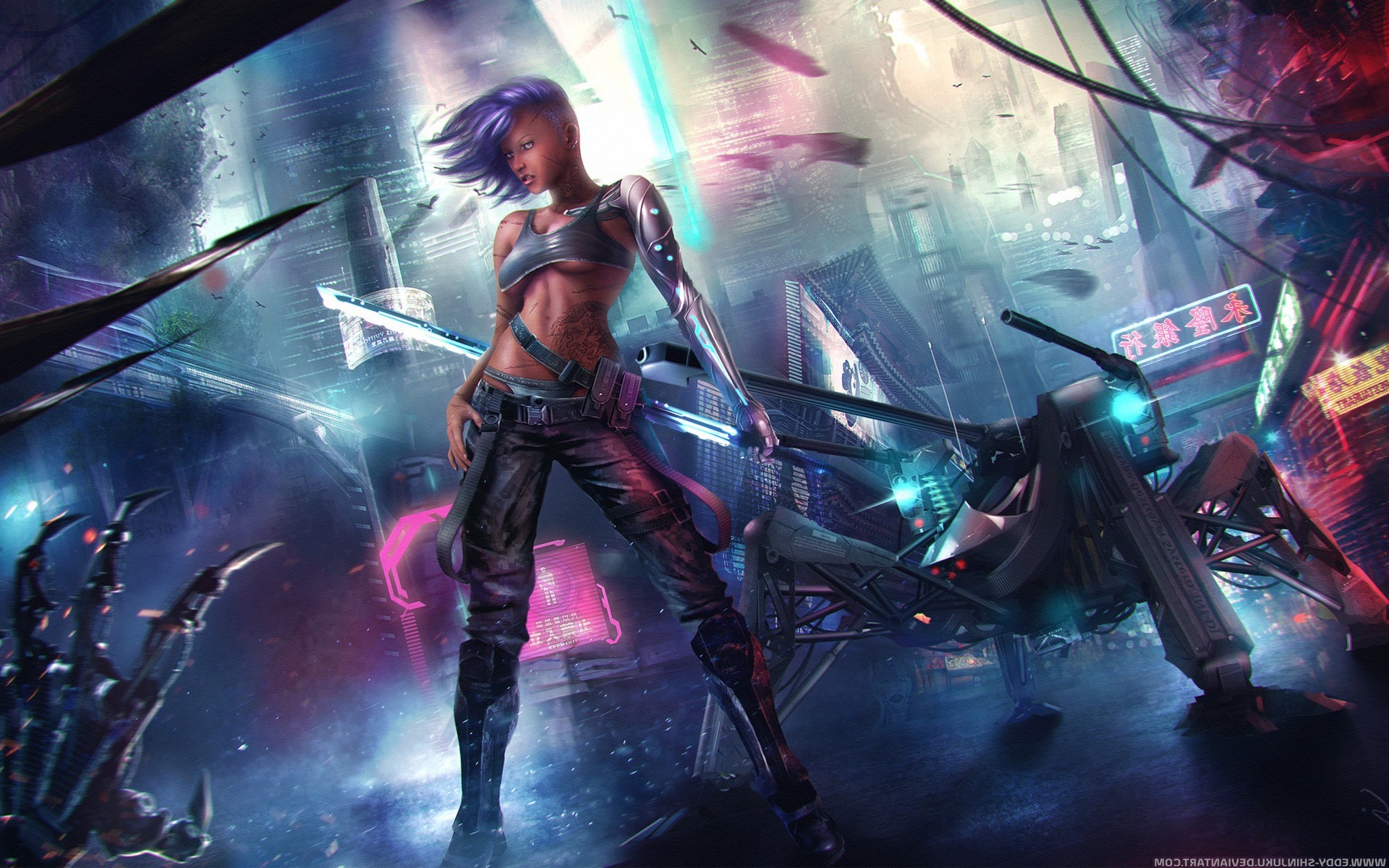 Ragazza cyberpunk, Cyborg, Neon, Arte digitale, 1920x1200, immagine di sfondo