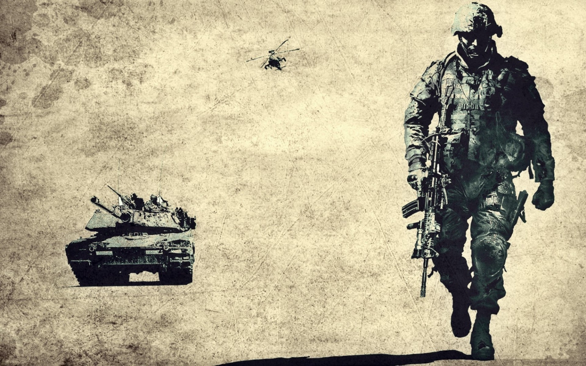Soldato, Carro armato, Elicottero, Silhouette, Seppia, Full HD, sfondo Windows 11