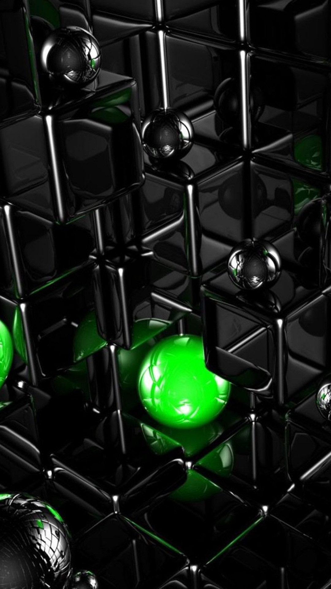 Sfere, Griglia, Arte 3D, Verde, Nero, Full HD, sfondo verticale per cellulare