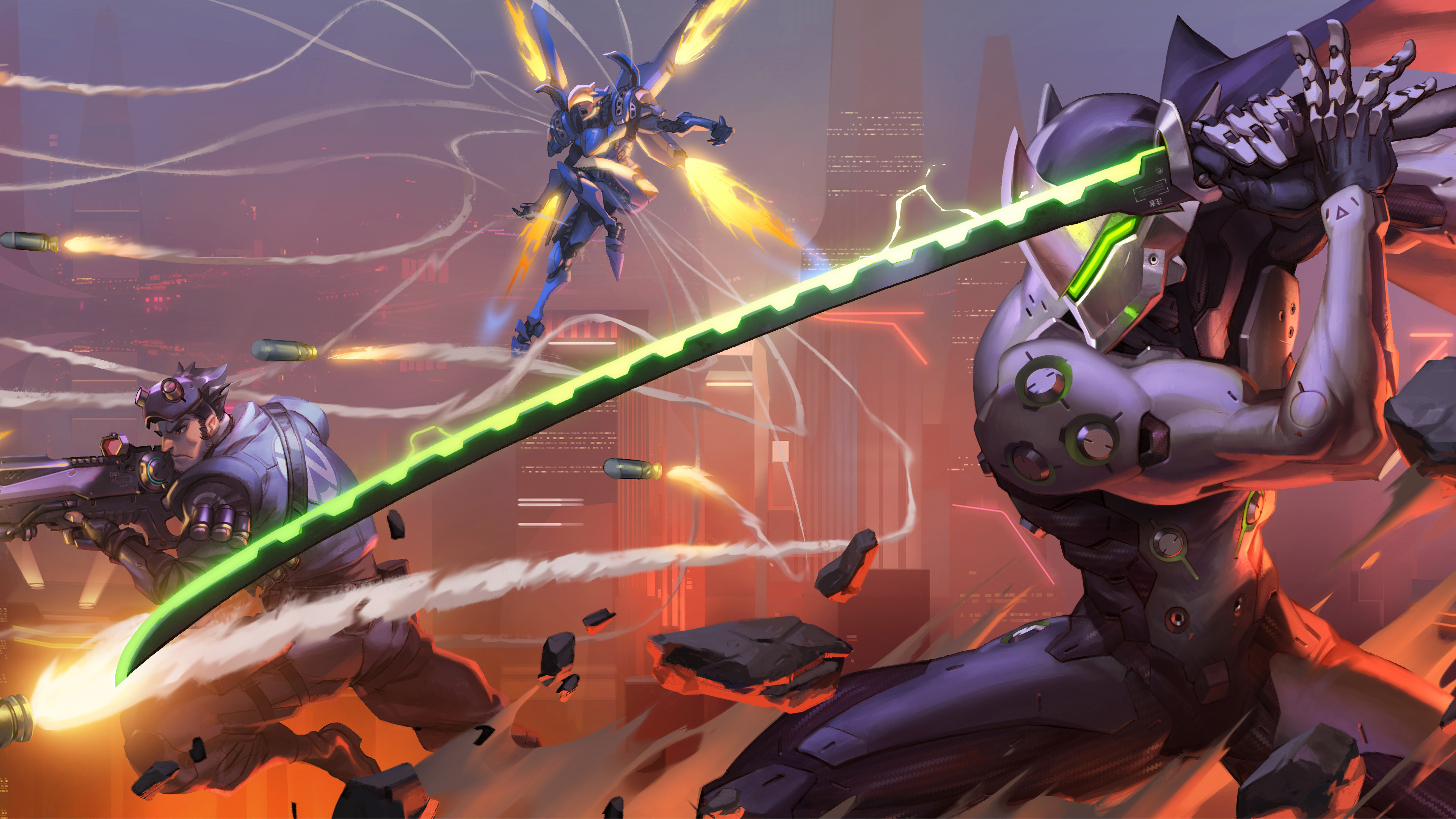 Genji, Pharah, Overwatch, Battaglia, 4K 2160p, sfondo desktop