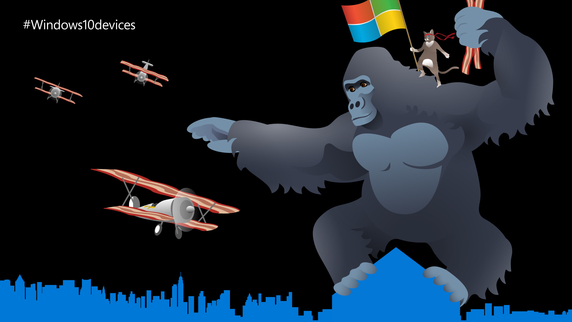 Windows 10, Gorilla, King Kong, Biplani, Bandiera Windows, Illustrazione, sfondo Full HD per portatile
