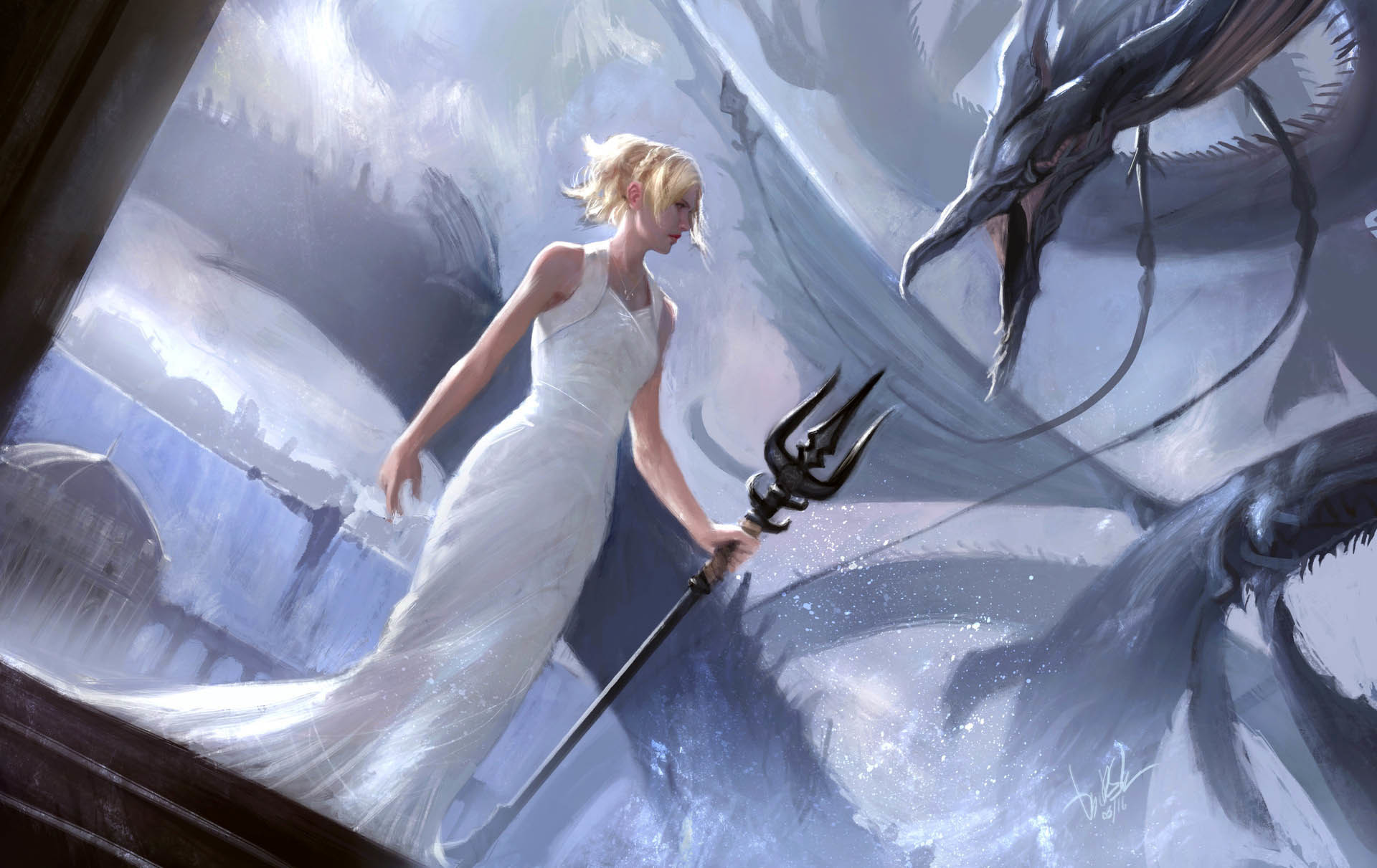 Lunafreya Nox Fleuret, Leviathan, Final Fantasy XV, Tridente, Abito bianco, sfondo widescreen Full HD