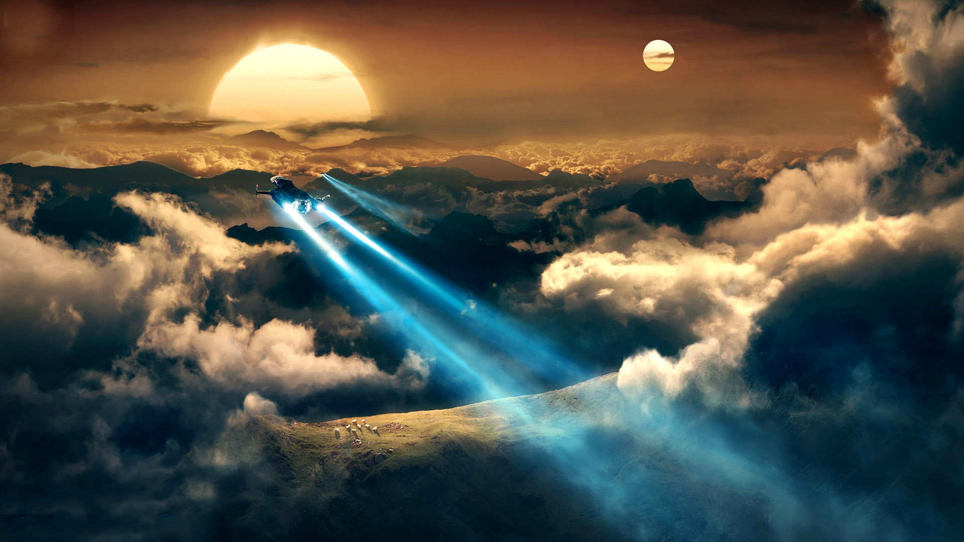Astronave, Nuvole, Sole, Raggi di luce, Fantascienza, Tramonto, Full HD, sfondo per PC