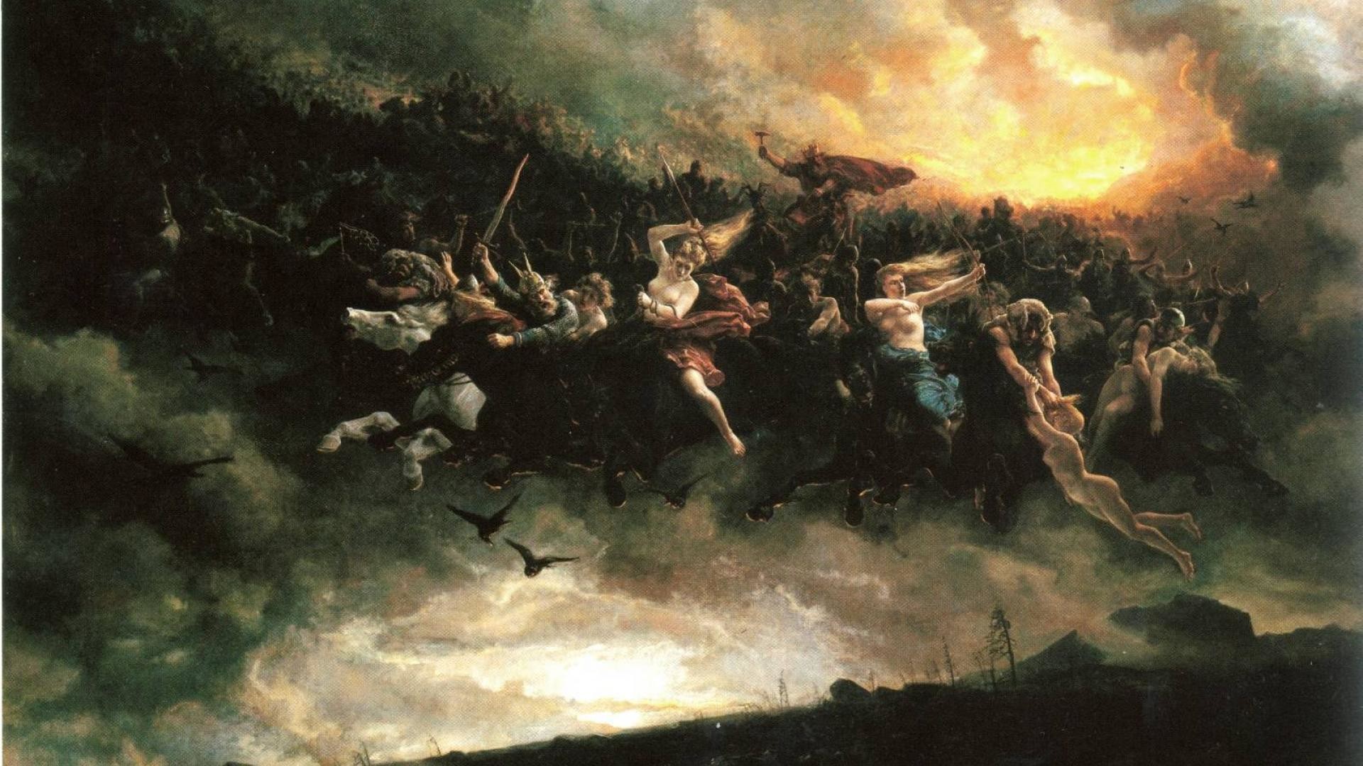 Caccia selvaggia, Mitologia norrena, Pittura, Cielo tempestoso, Full HD, sfondo per PC
