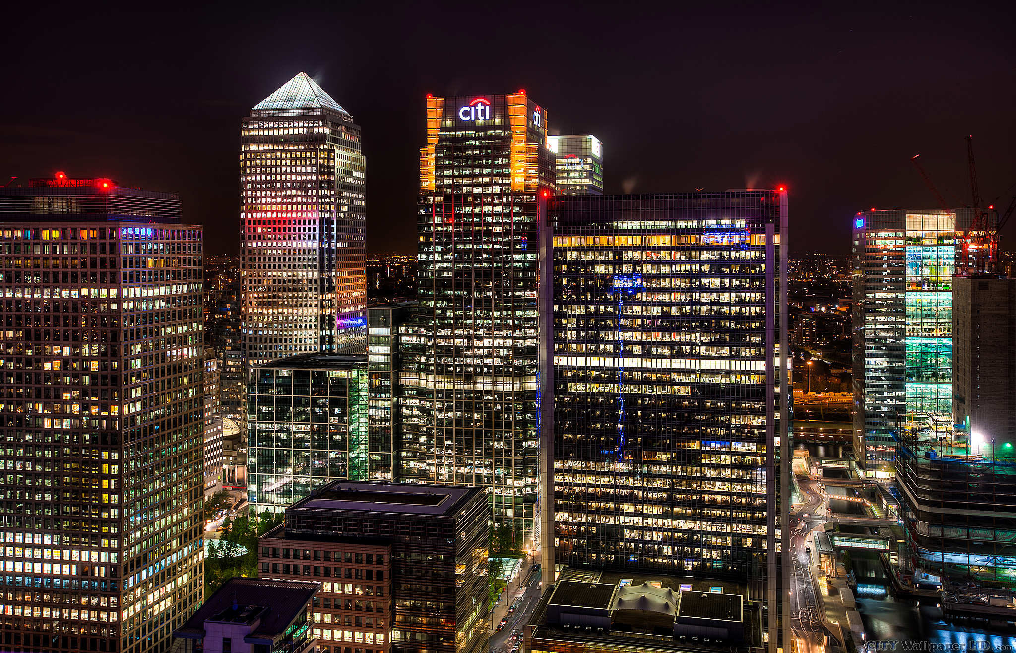 Canary Wharf, Grattacieli, Londra, Notte, Full HD, sfondo per PC