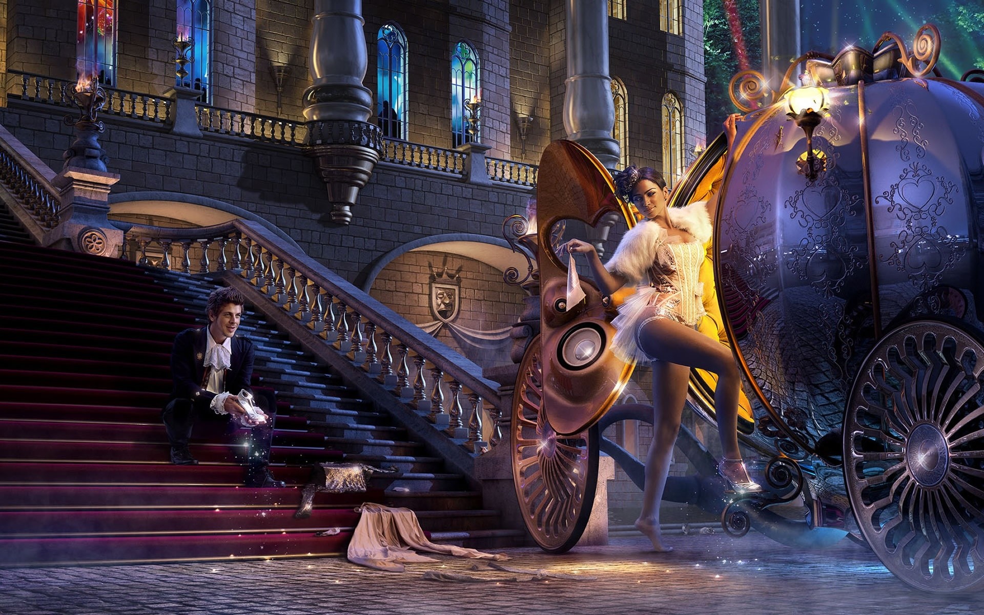 Cenerentola, Carrozza, Scalinata, Palazzo, Arte fantasy, Full HD, wallpaper per computer