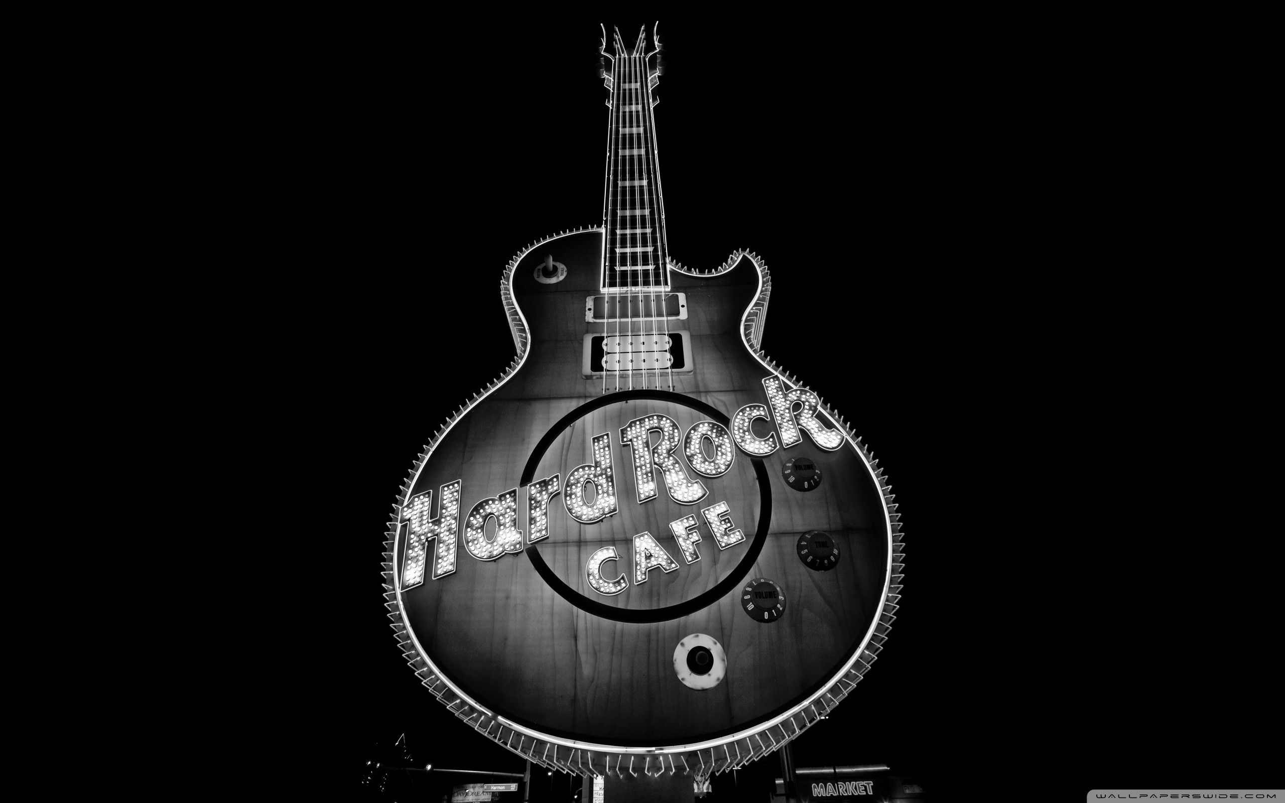 Hard Rock Cafe, Insegna chitarra, Bianco e nero, 2K, sfondo per PC e portatile