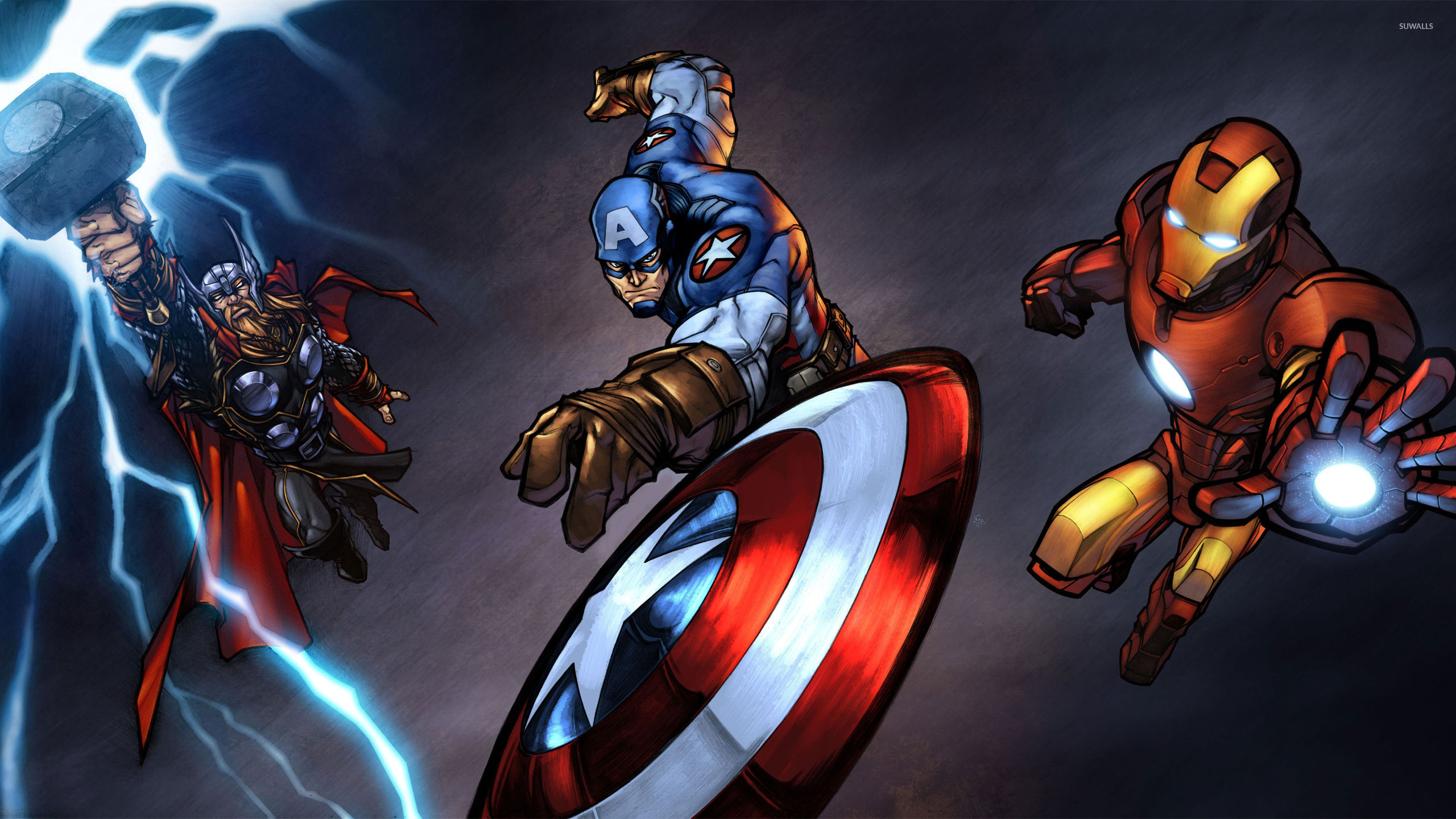 Thor, Capitan America, Iron Man, Fumetto, Fulmini, 16:9 2K, sfondo widescreen