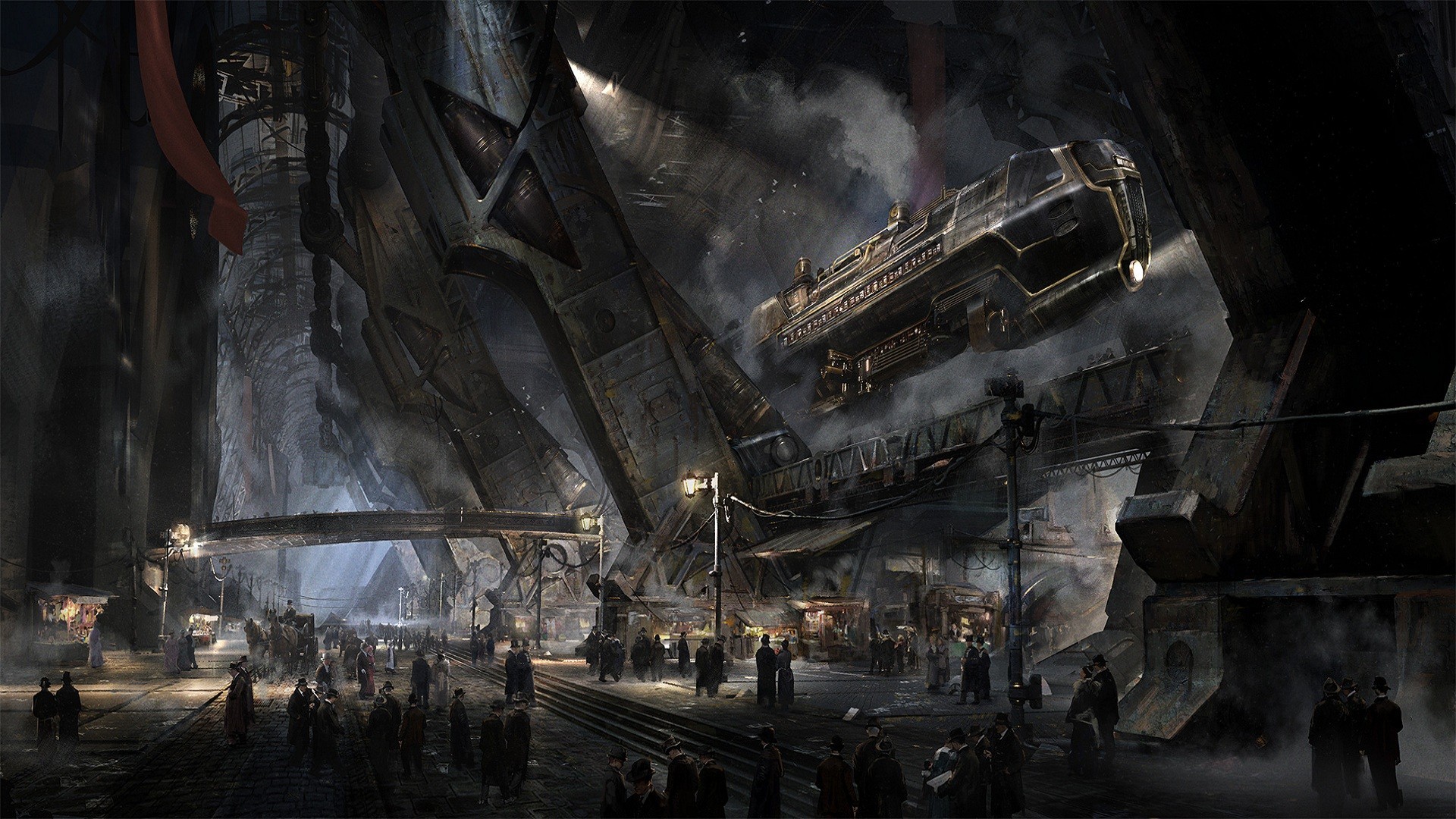 Stazione, Treno volante, Città industriale, Steampunk, 16:9 Full HD, sfondo widescreen