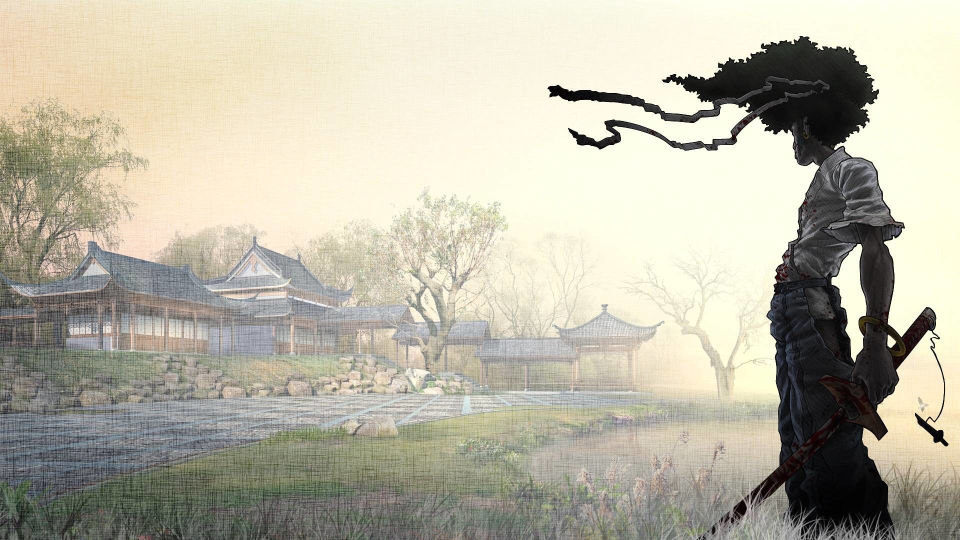 Afro Samurai, Anime, Villaggio giapponese, Nebbia, 1920x1080, immagine di sfondo