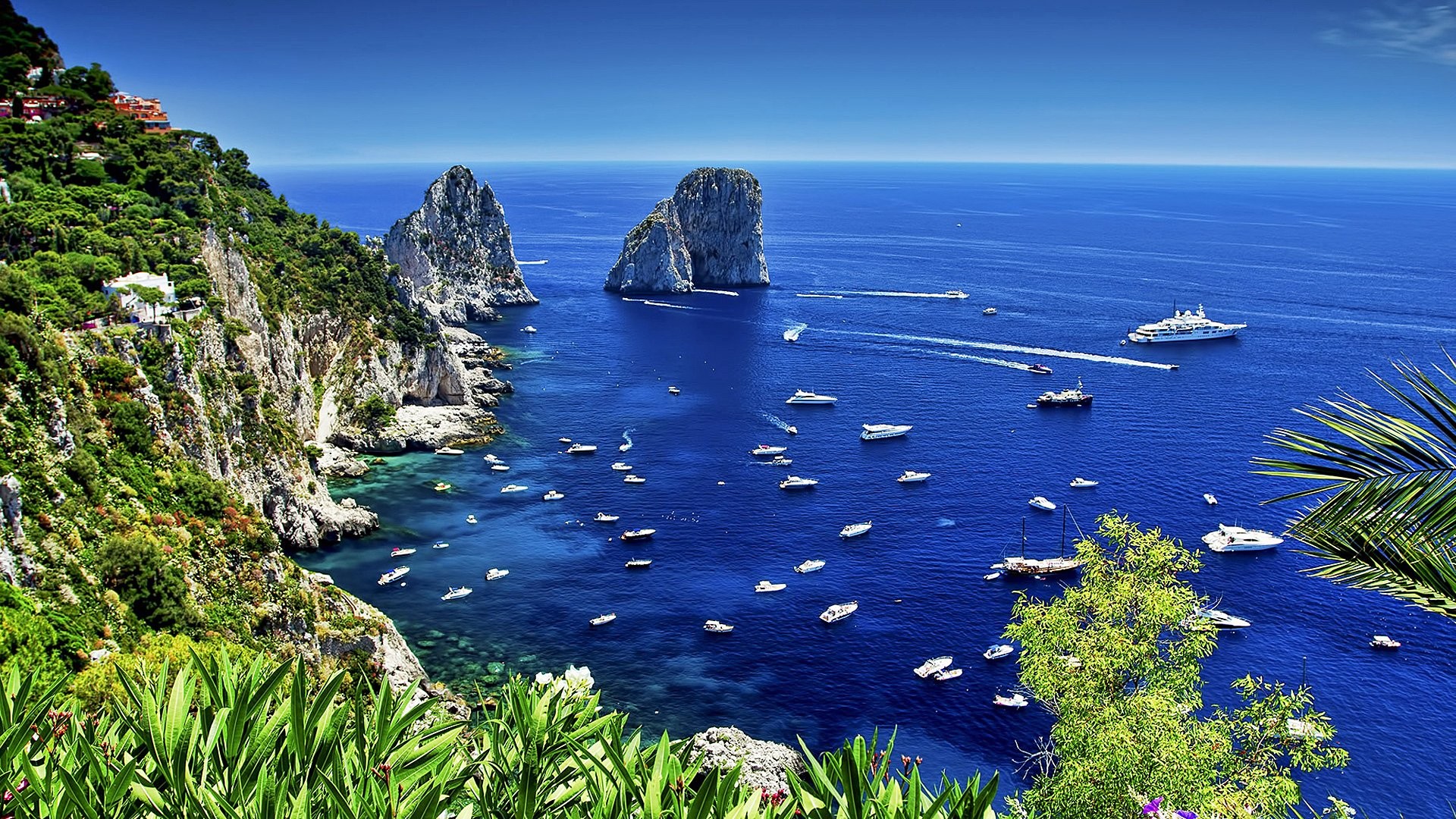 Faraglioni, Capri, Campania, Italia, Barche, Mare, Full HD 1080p, sfondo desktop
