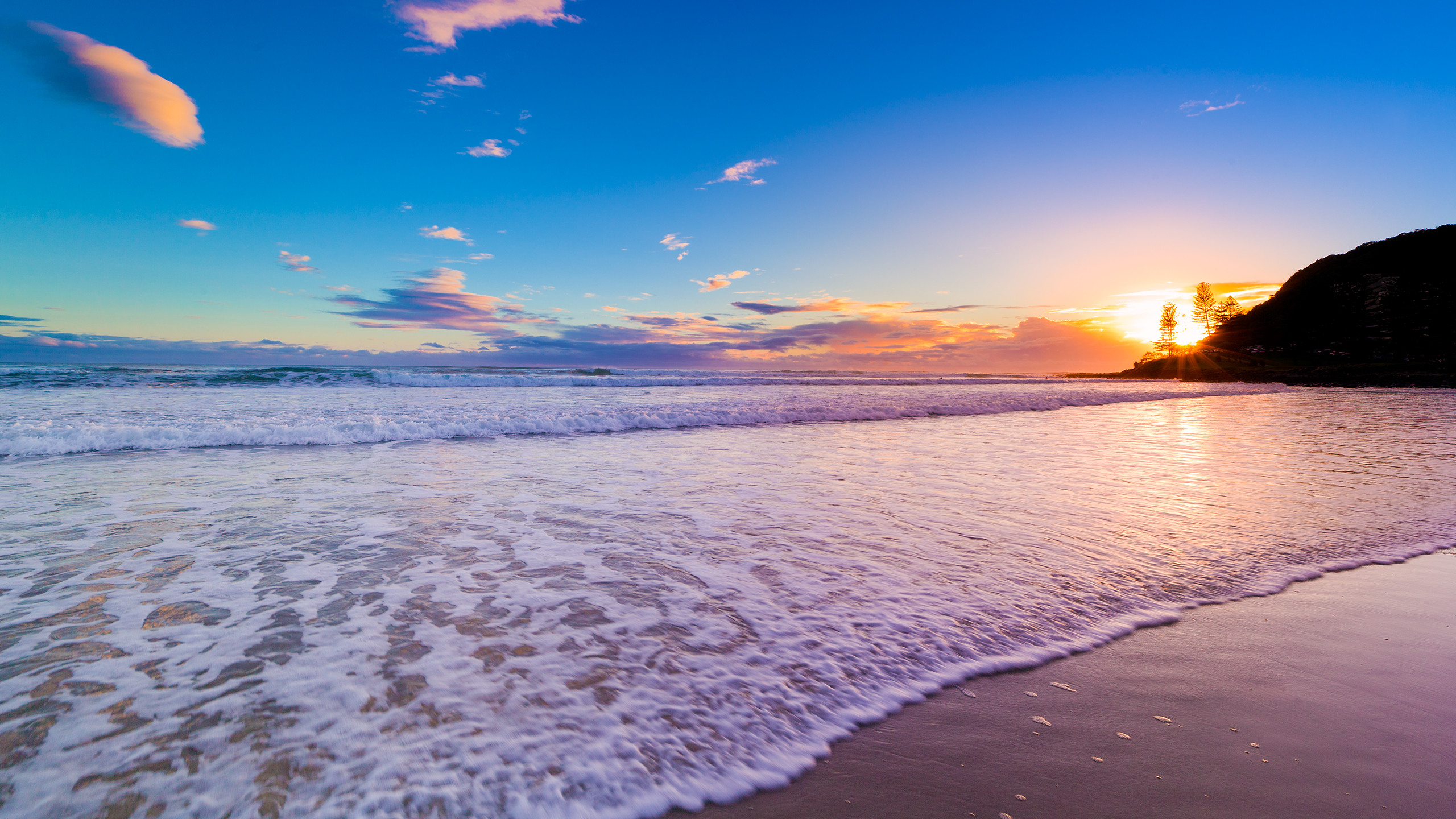 Spiaggia, Onde, Tramonto, Cielo viola, 2K, wallpaper per portatile