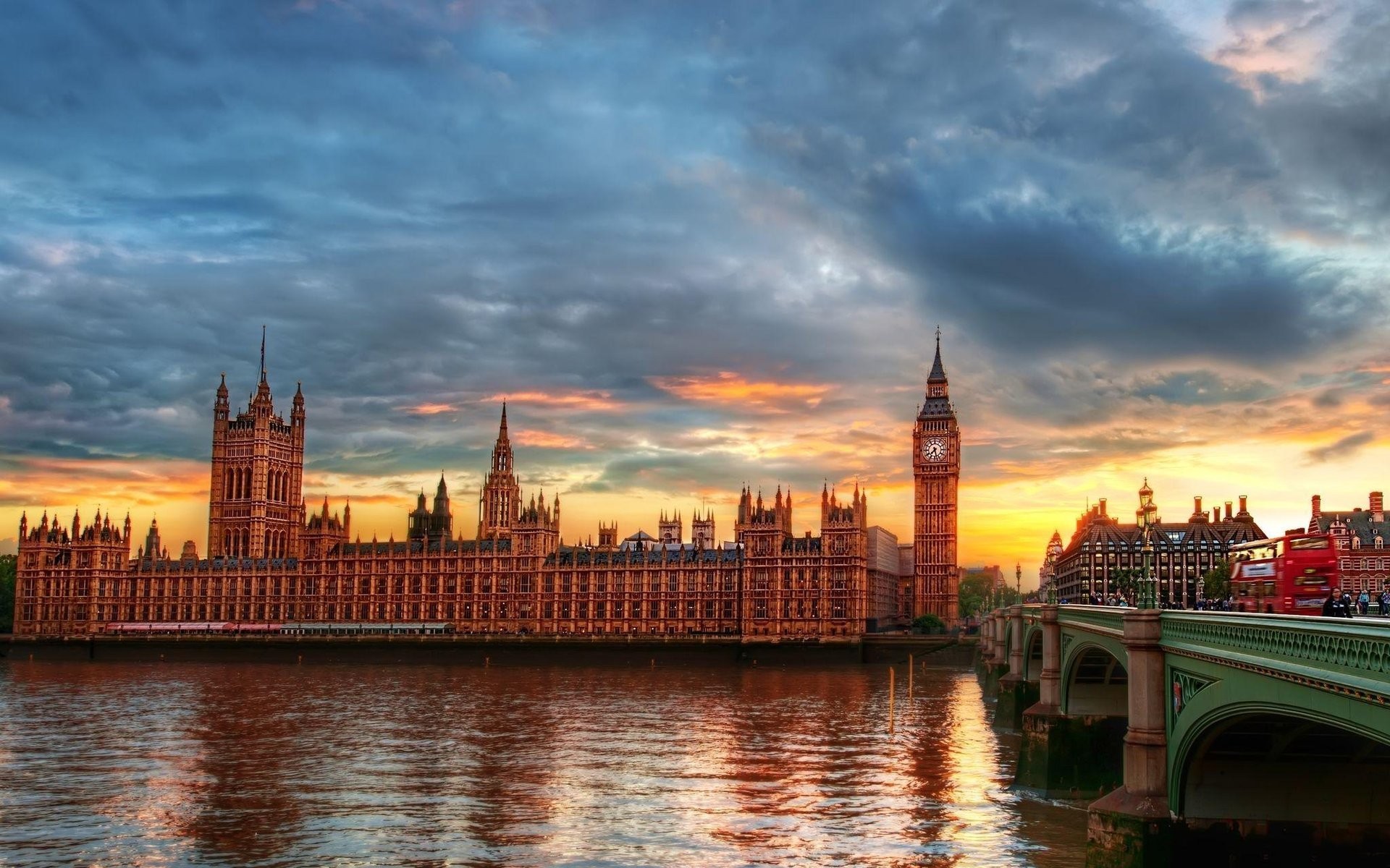 Palazzo di Westminster, Big Ben, Tamigi, Londra, Tramonto, 1920x1200, immagine di sfondo