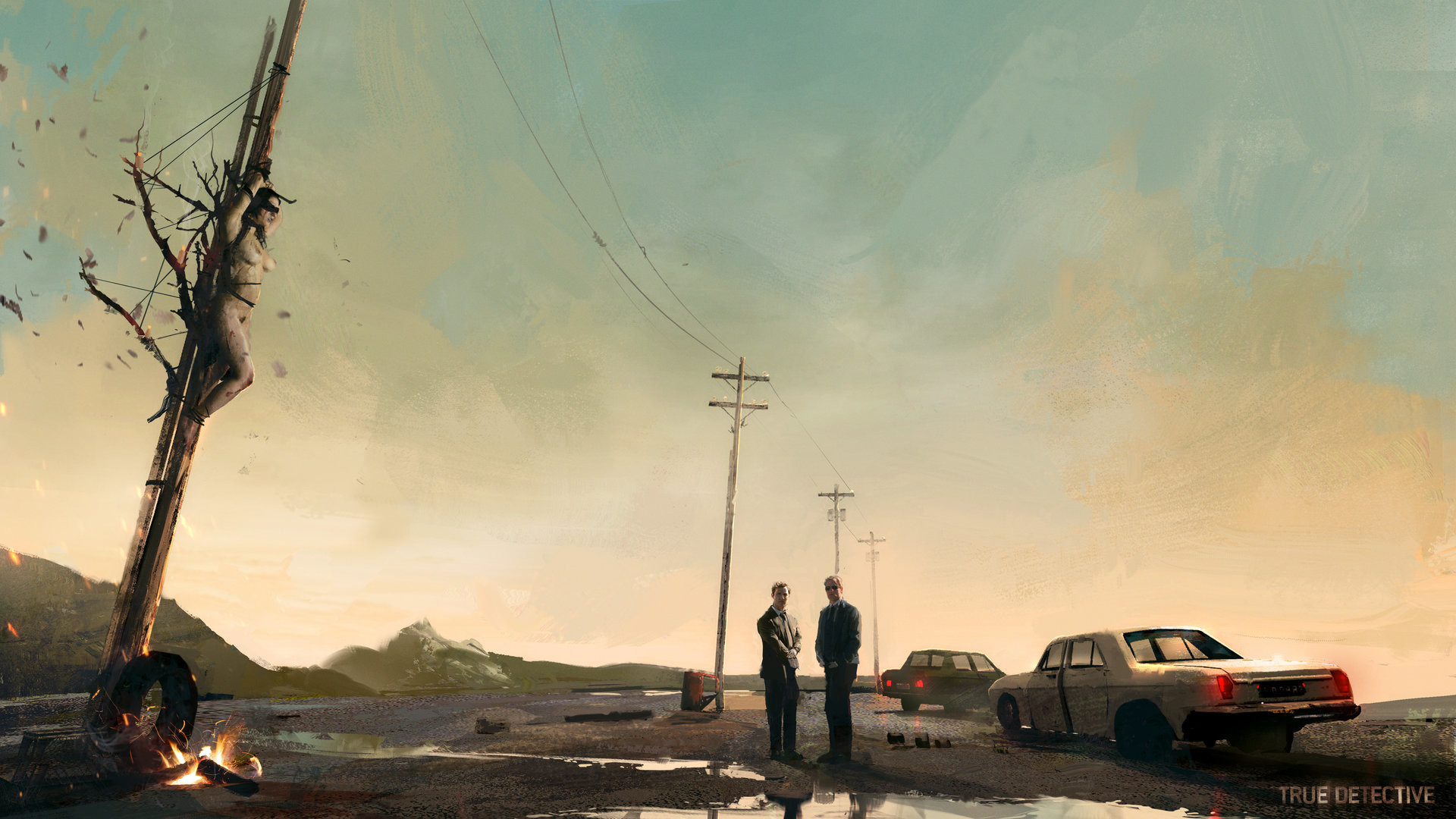 True Detective, Pittura digitale, Strada desolata, Pali della luce, Auto, sfondo Windows 11
